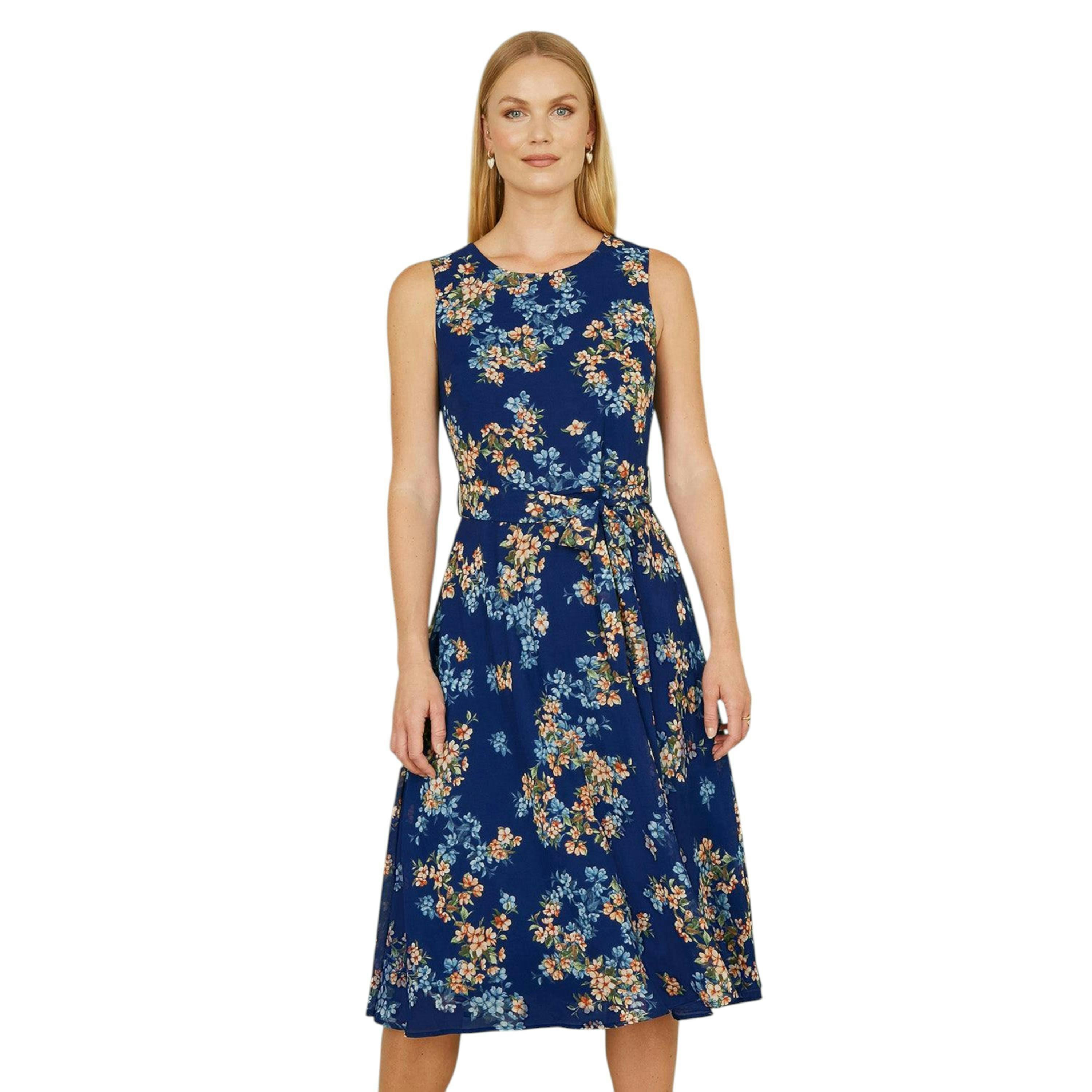 Yumi Navy Floral Skater Sleeveless Dress , view 1 of 4