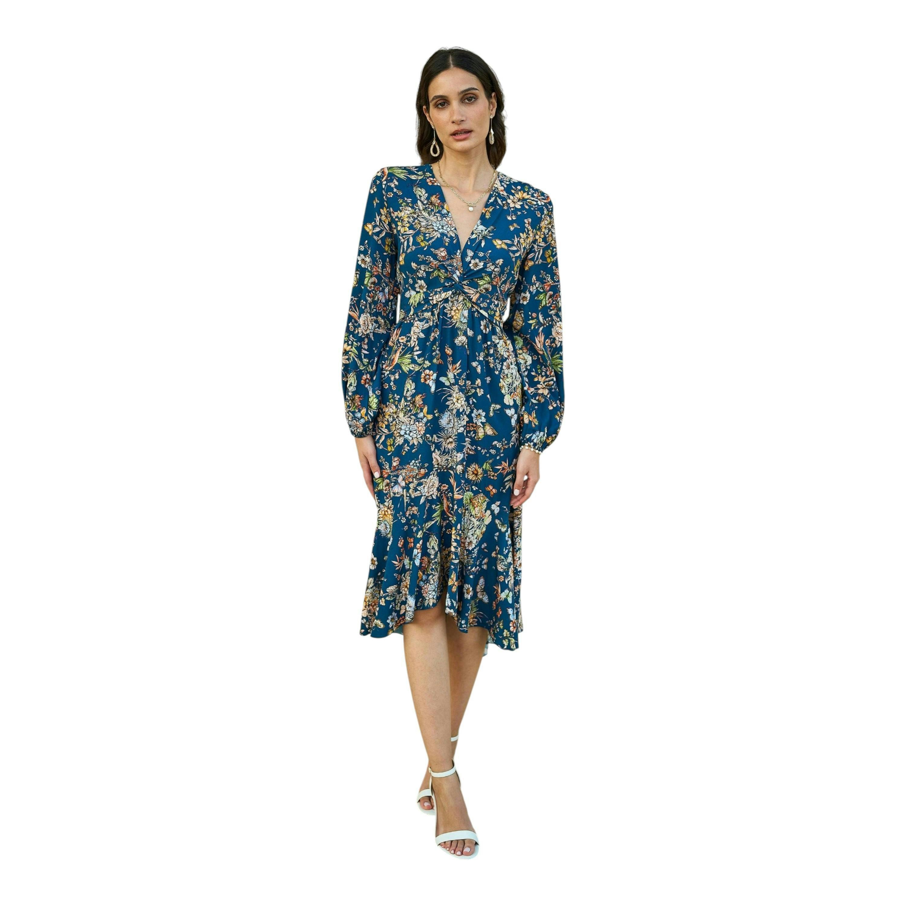 Yumi Blue Butterly Floral Tie Knot Front Long Sleeve Midi Dress , view 1 of 3