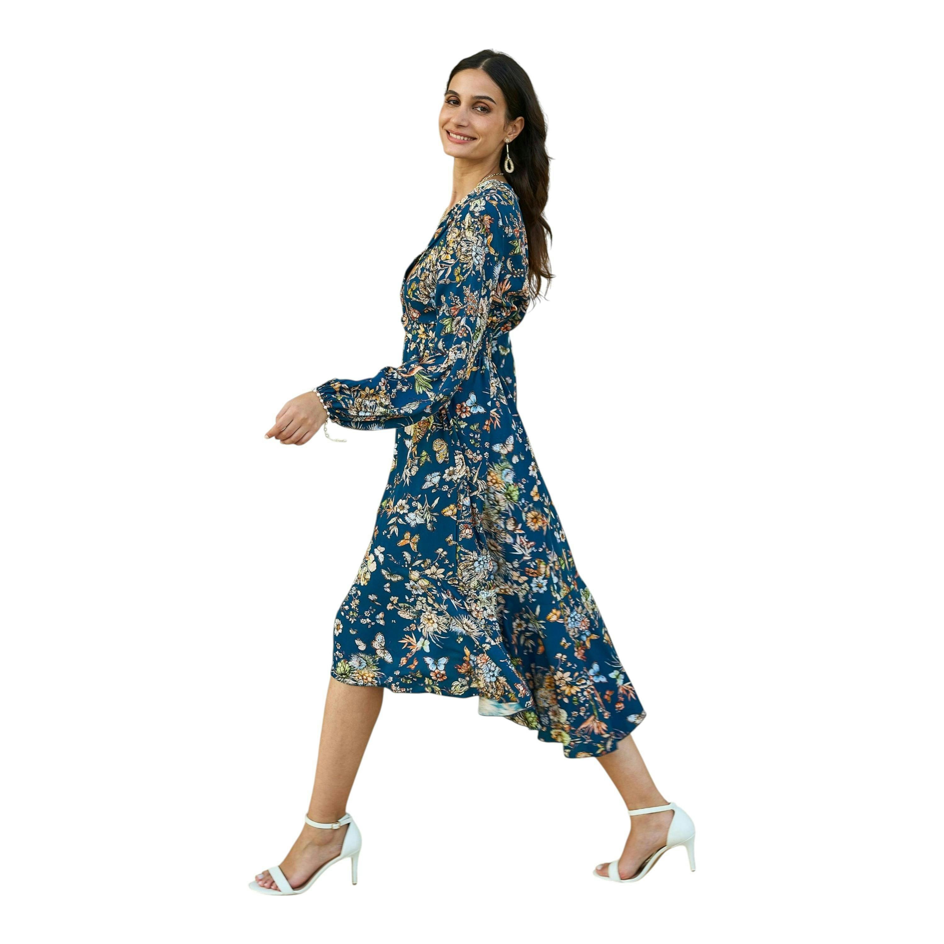 Yumi Blue Butterly Floral Tie Knot Front Long Sleeve Midi Dress , view 2 of 3