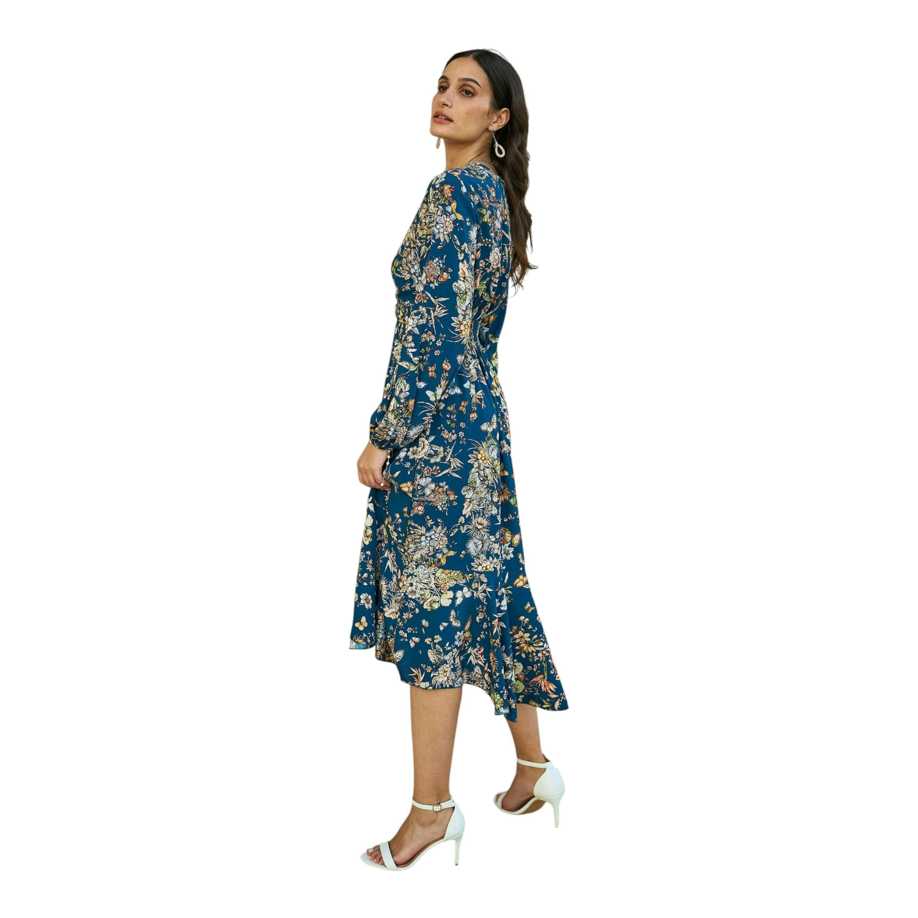 Yumi Blue Butterly Floral Tie Knot Front Long Sleeve Midi Dress , view 3 of 3