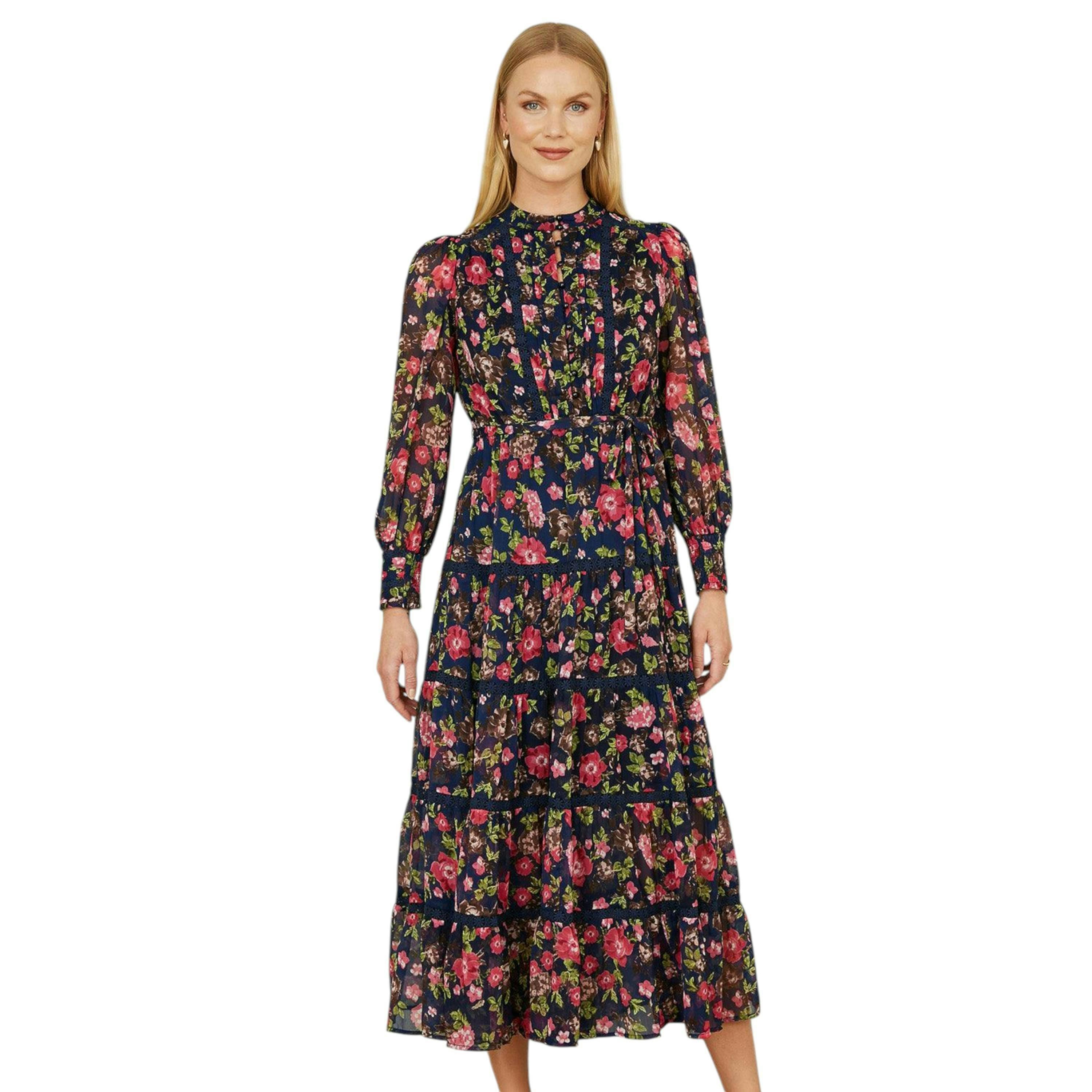 Yumi Navy Blossom Print Maxi Dress With Long Sleeves and Lace Trims , view 1 of 4