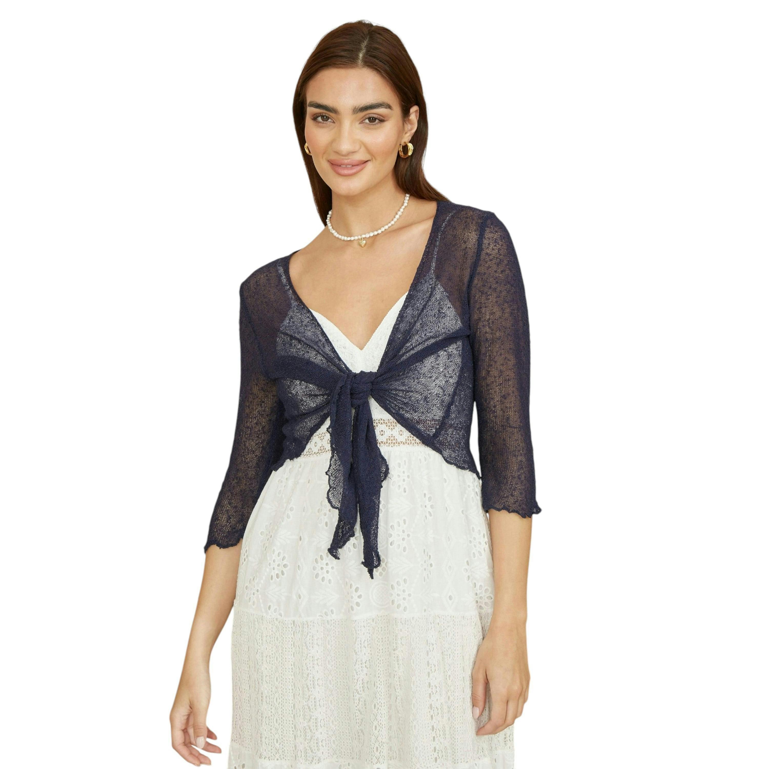 Yumi Navy Popcorn Yarn Tie Front Bolero , view 1 of 3