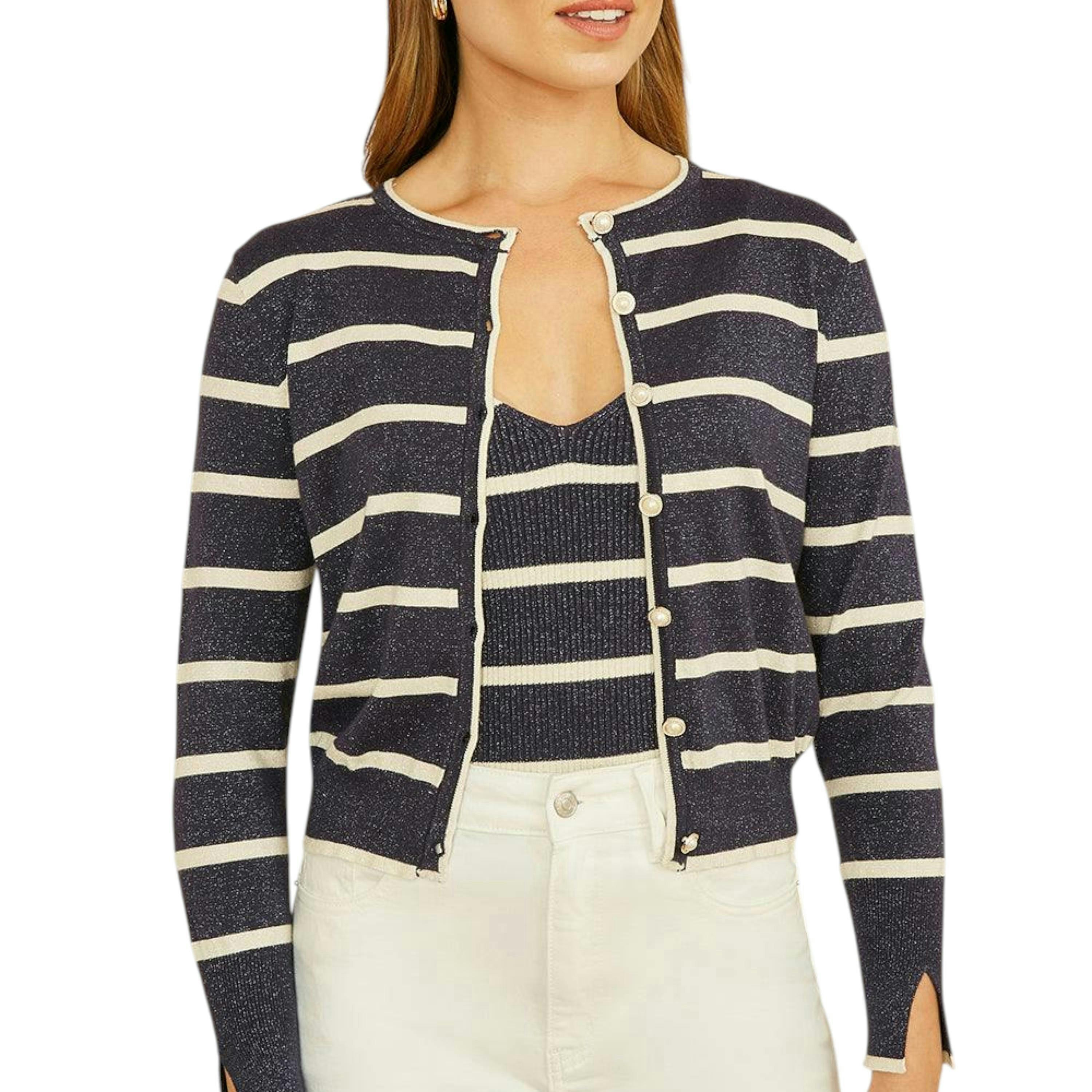 Yumi Navy Striped Sparkle Knitted Cardigan , view 1 of 4