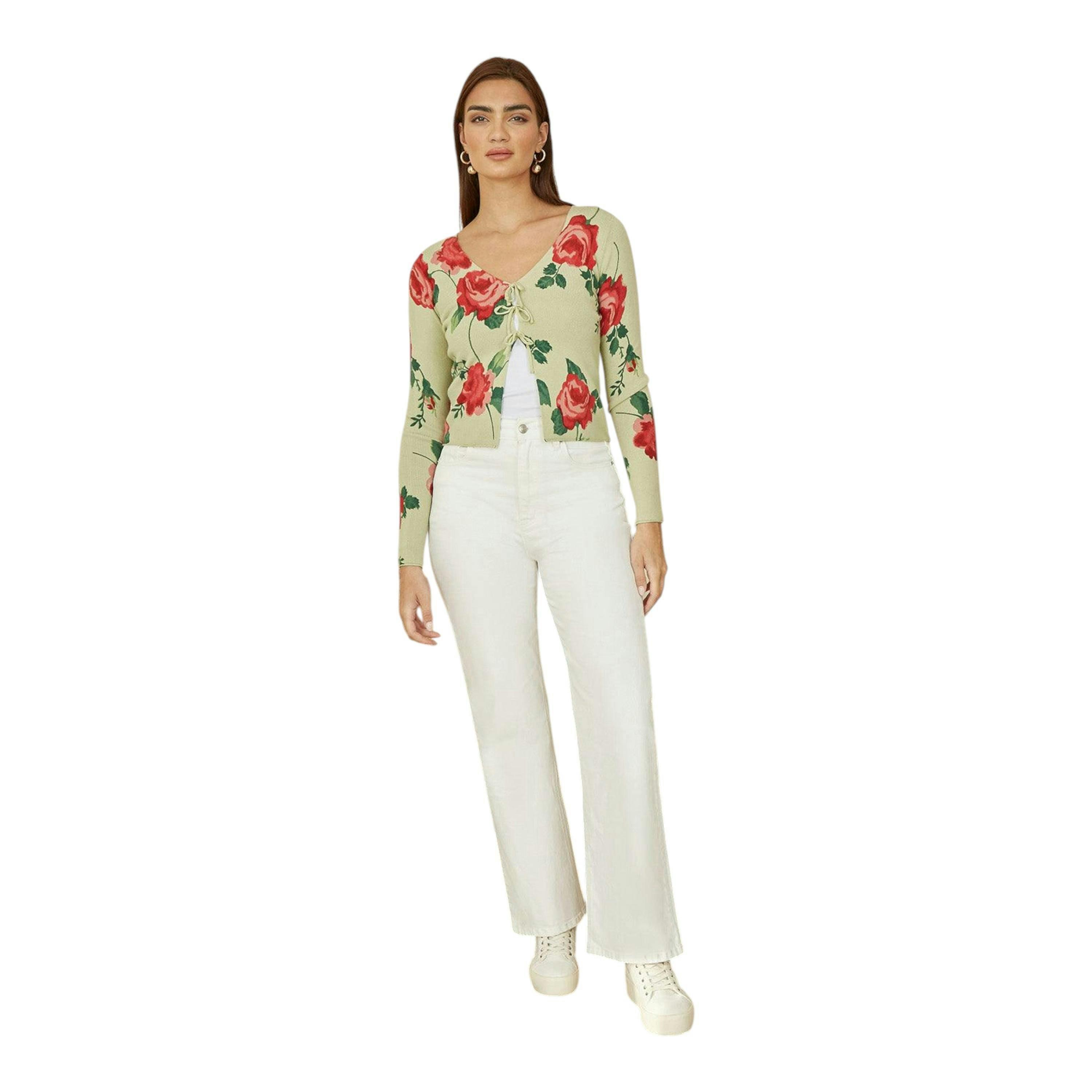 Yumi Green Rose Print Cardigan With Tie Front , view 1 of 4