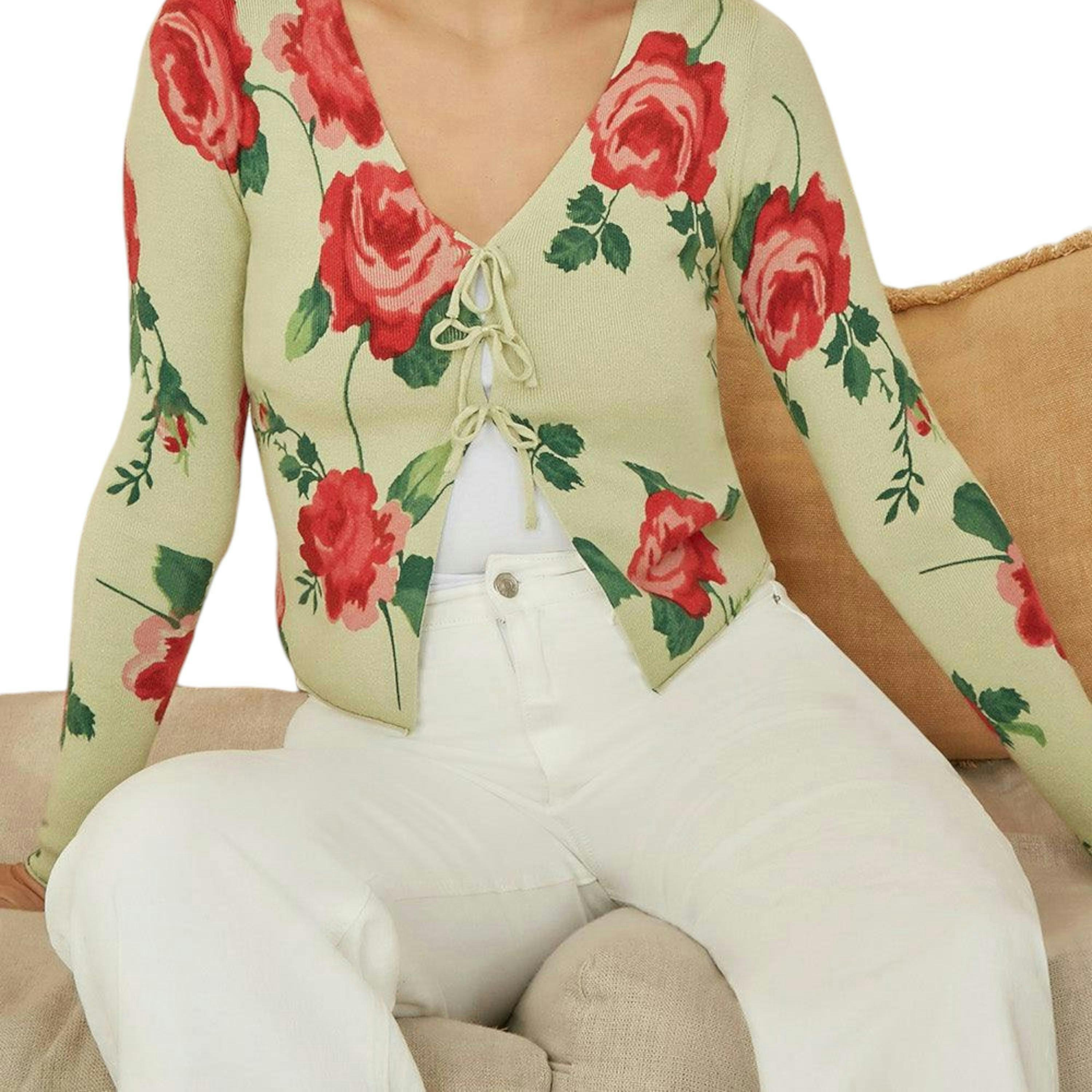 Yumi Green Rose Print Cardigan With Tie Front , view 2 of 4