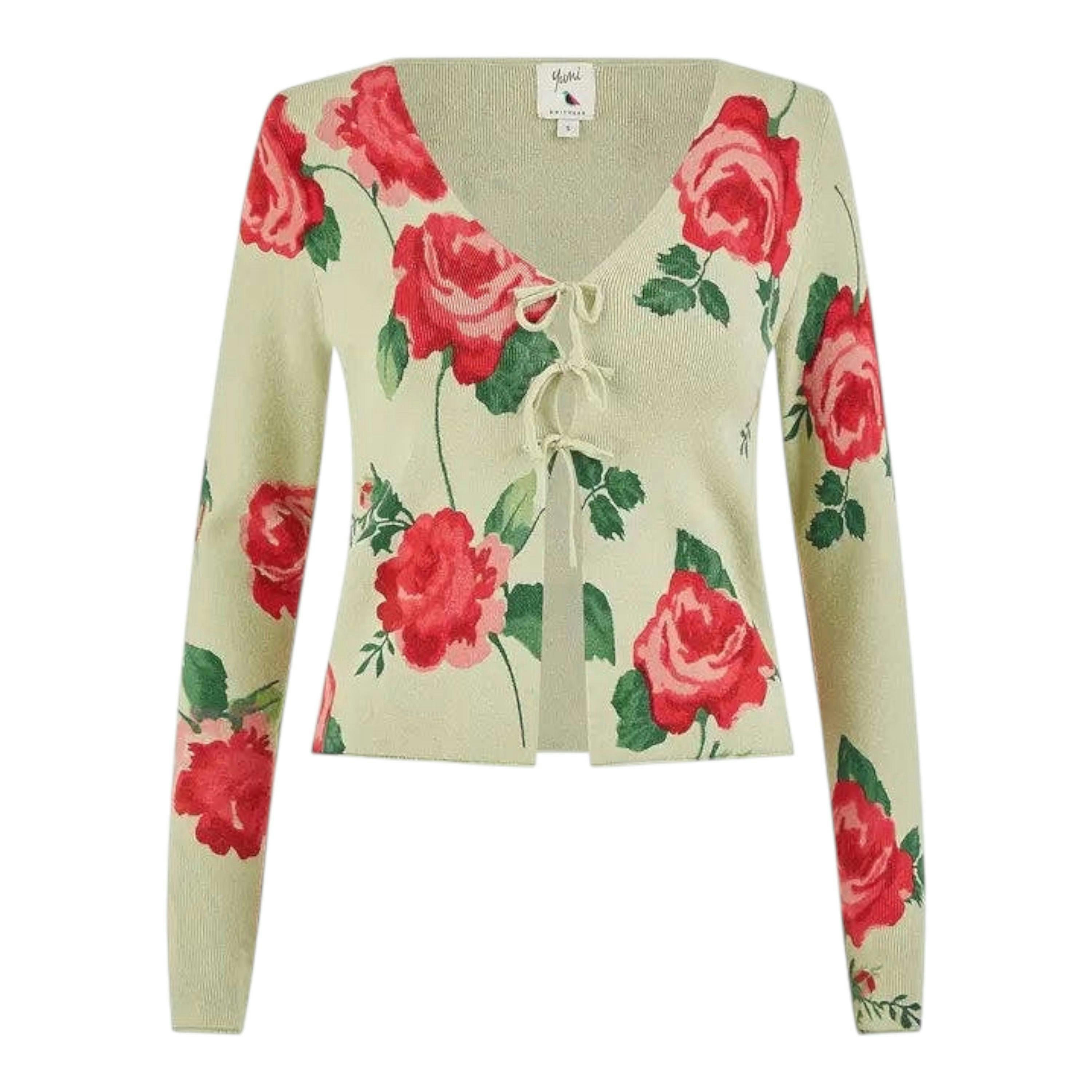 Yumi Green Rose Print Cardigan With Tie Front , view 4 of 4