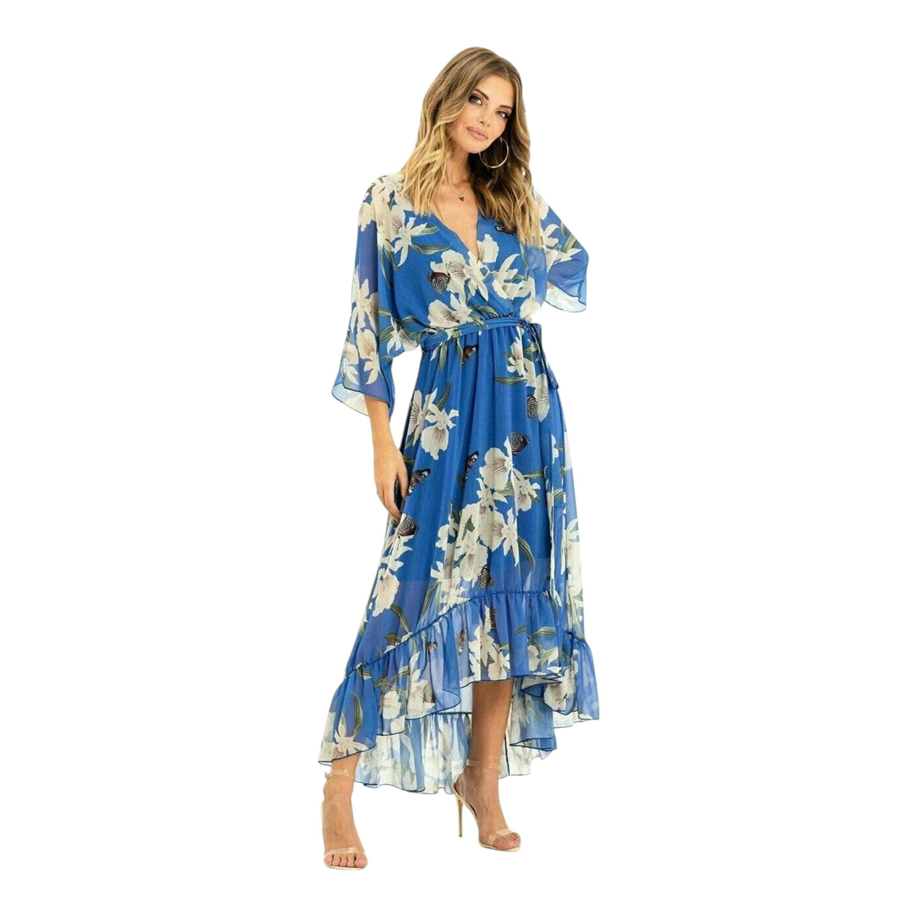 Yumi Blue Floral Kimono Sleeves Dip Hem Wrap Midi Dress , view 1 of 5
