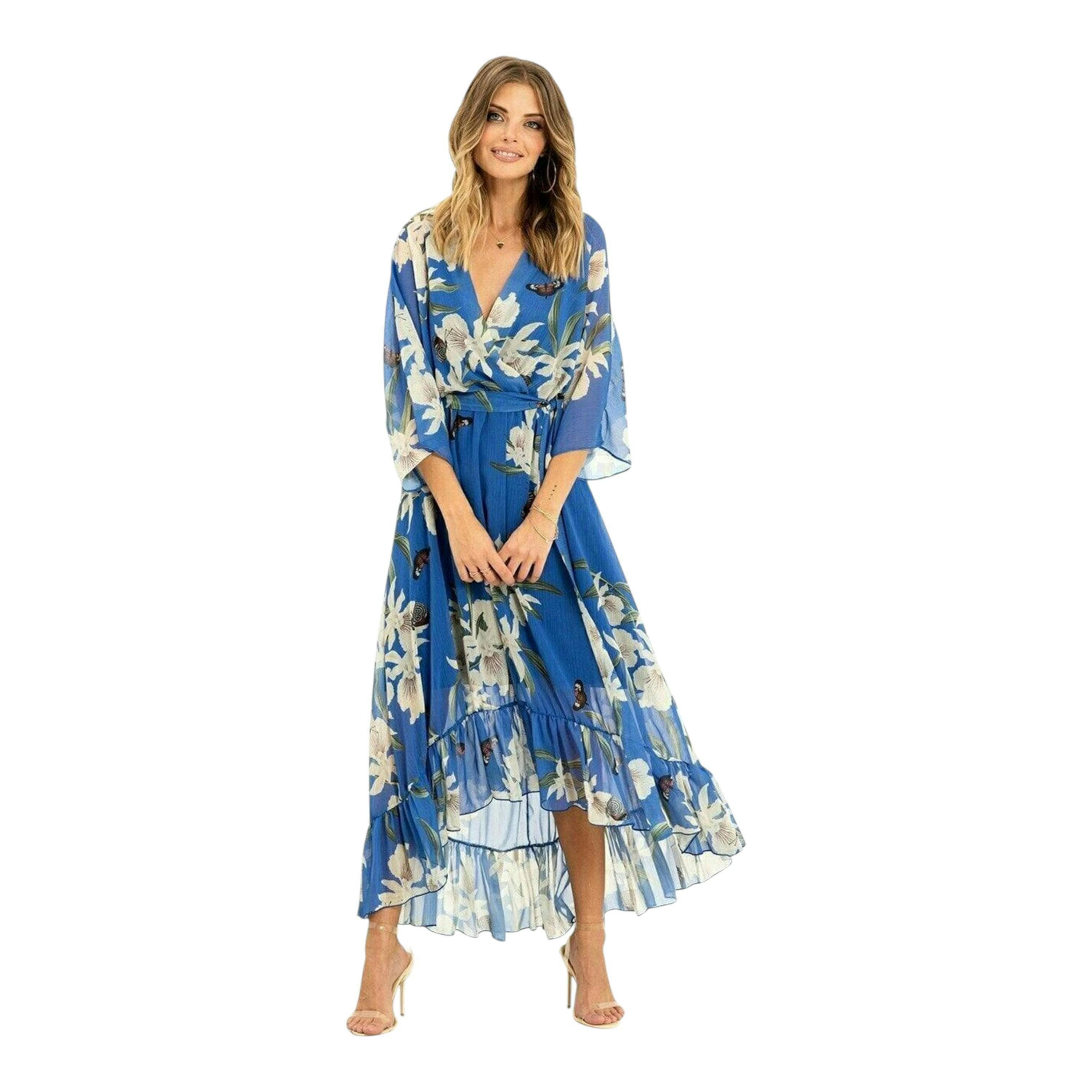 Yumi Blue Floral Kimono Sleeves Dip Hem Wrap Midi Dress , view 2 of 5