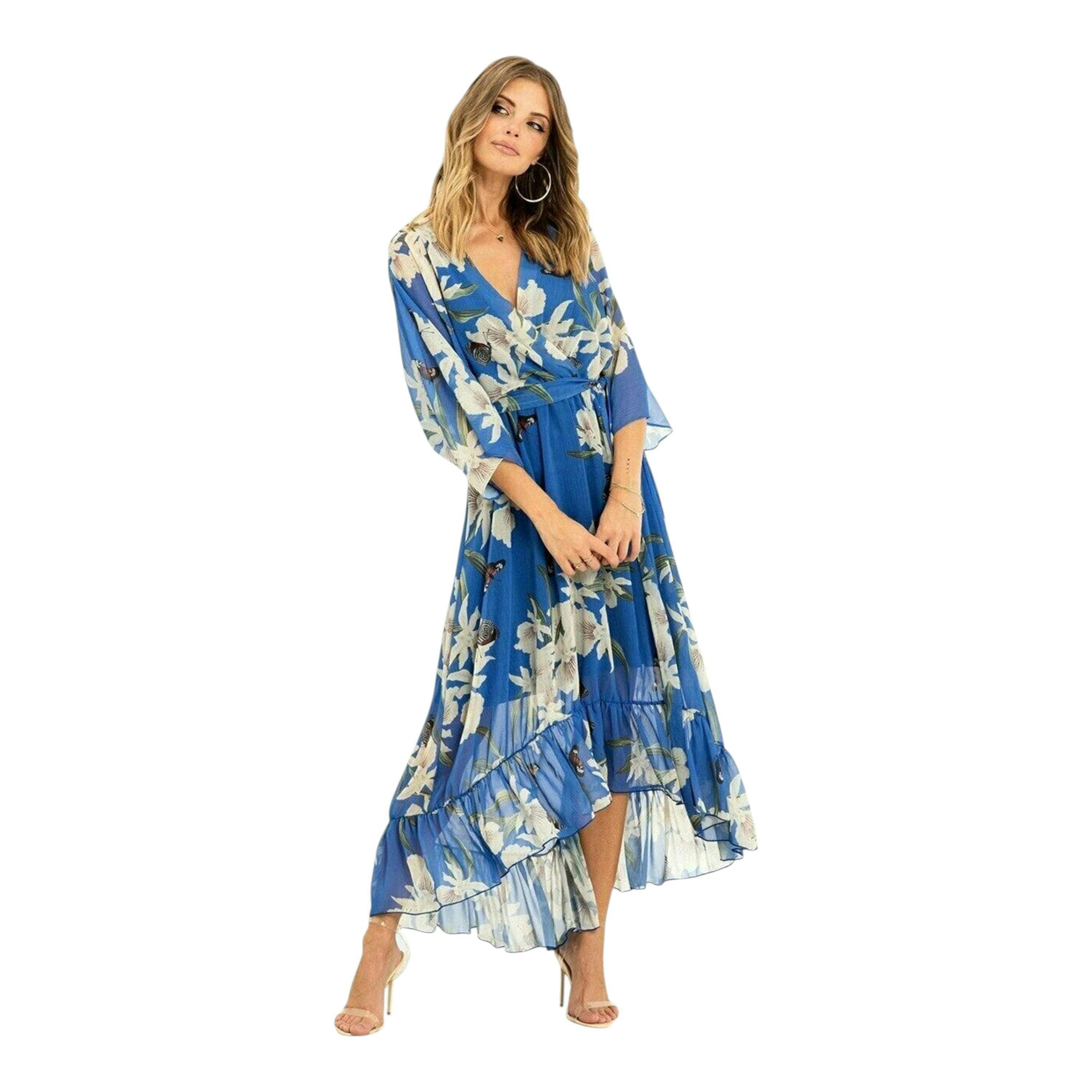 Yumi Blue Floral Kimono Sleeves Dip Hem Wrap Midi Dress , view 3 of 5