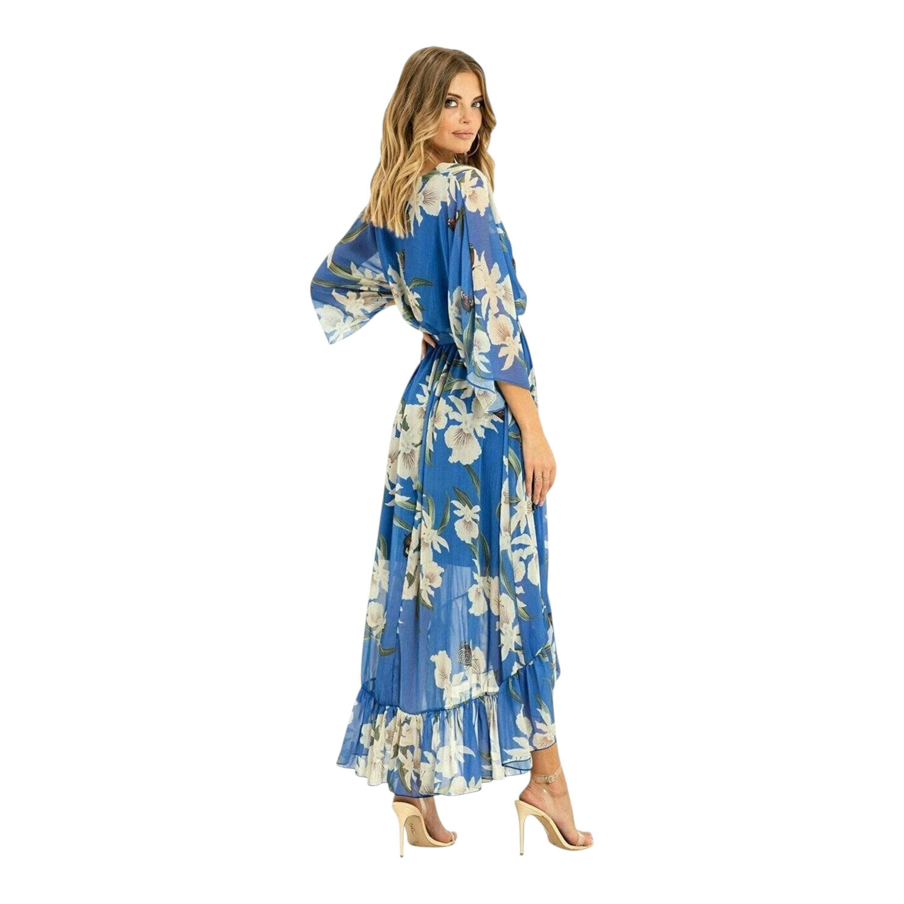 Yumi Blue Floral Kimono Sleeves Dip Hem Wrap Midi Dress , view 4 of 5