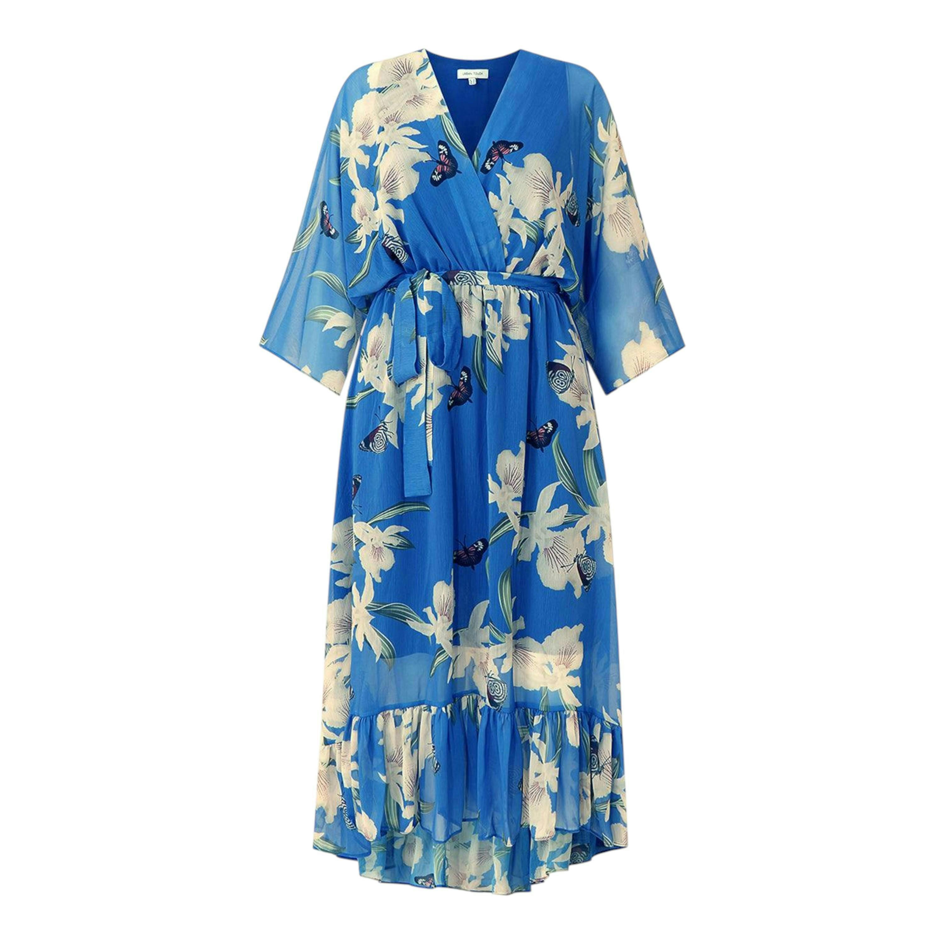 Yumi Blue Floral Kimono Sleeves Dip Hem Wrap Midi Dress , view 5 of 5