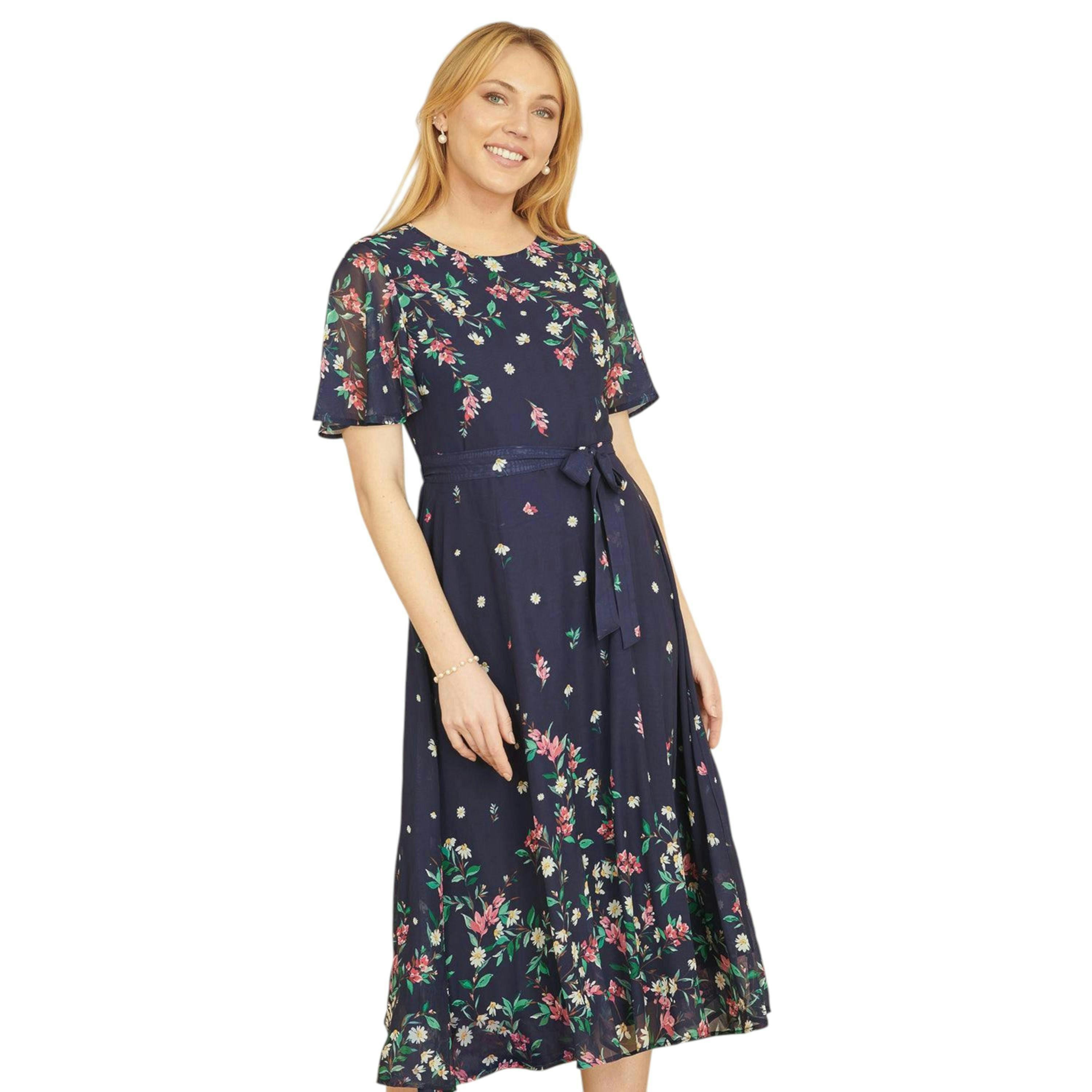 Yumi Navy Daisy Mirror Placement Skater Dress With Angel Sleeves , view 1 of 4