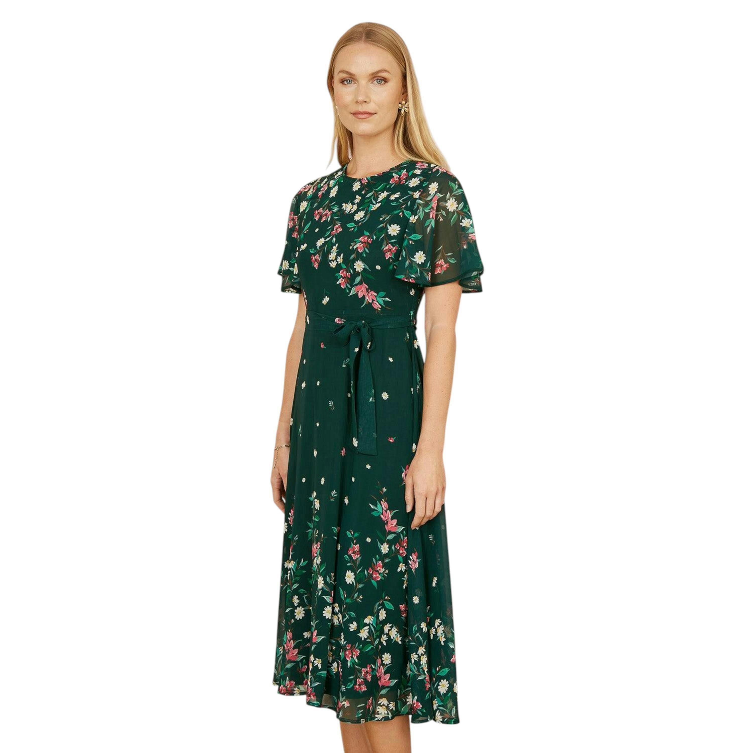 Yumi Green Daisy Mirror Placement Skater Dress With Angel Sleeves , view 1 of 5