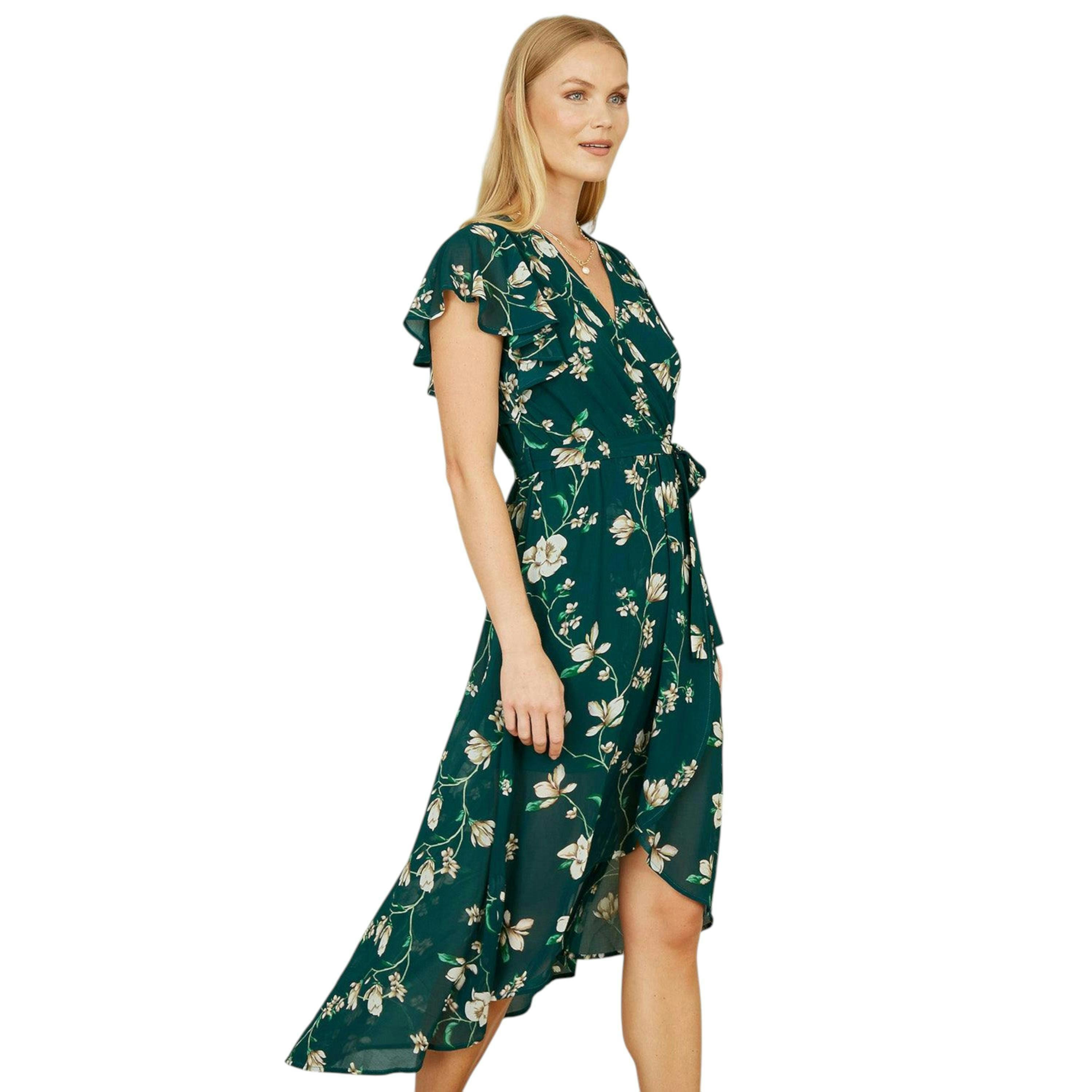Yumi Green Floral Wrap Midi Dress With Frill Hem , view 1 of 5