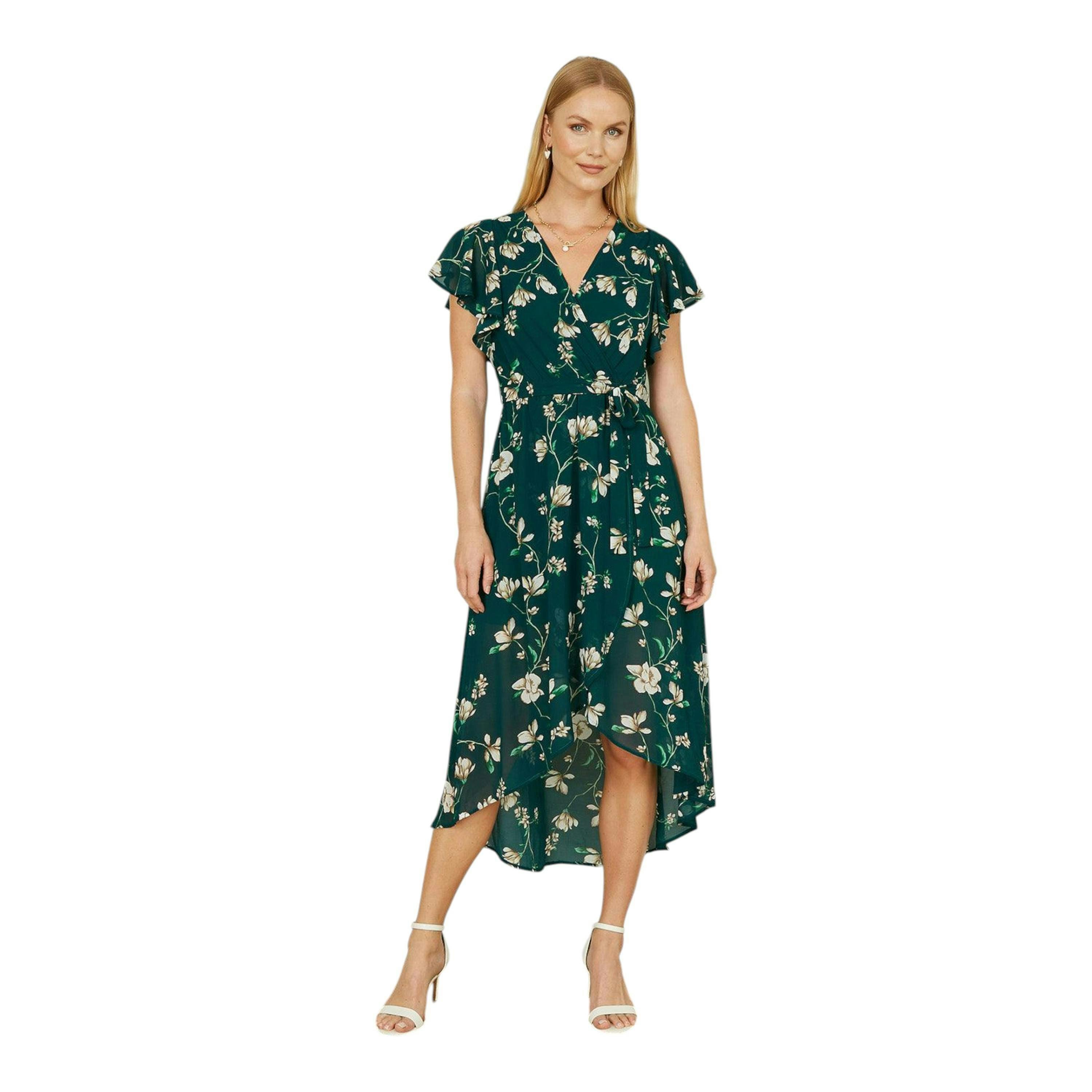 Yumi Green Floral Wrap Midi Dress With Frill Hem , view 2 of 5