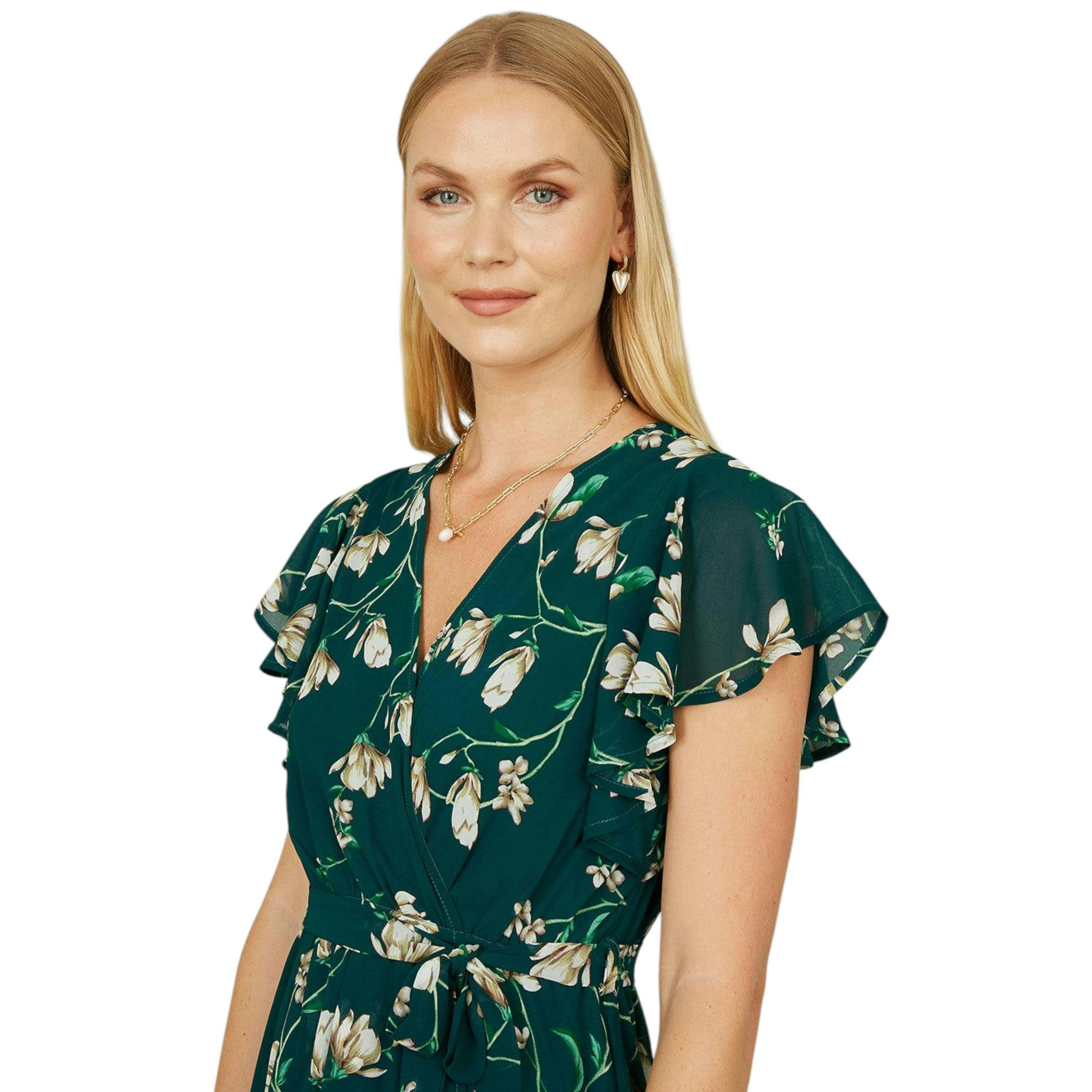 Yumi Green Floral Wrap Midi Dress With Frill Hem , view 3 of 5