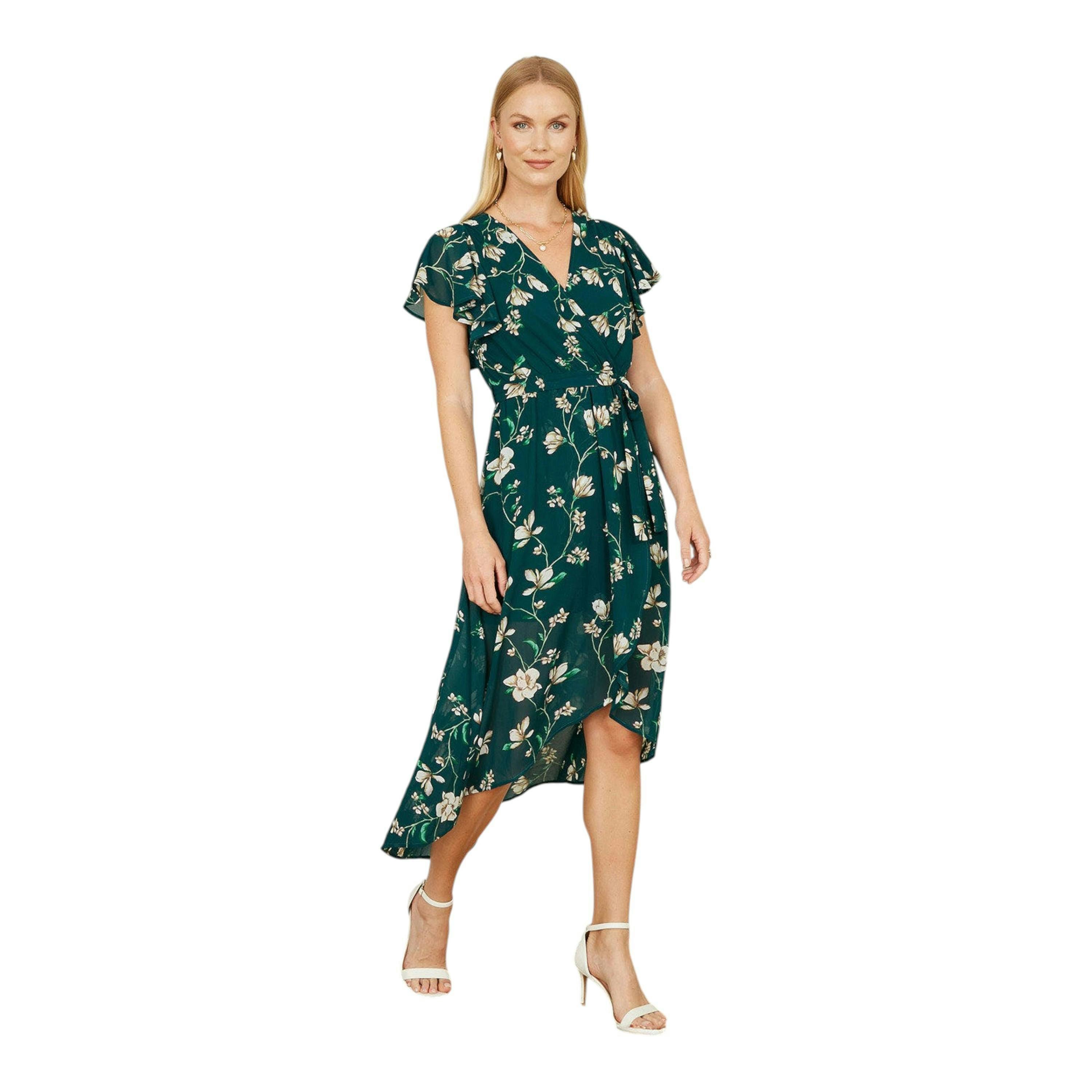 Yumi Green Floral Wrap Midi Dress With Frill Hem , view 4 of 5