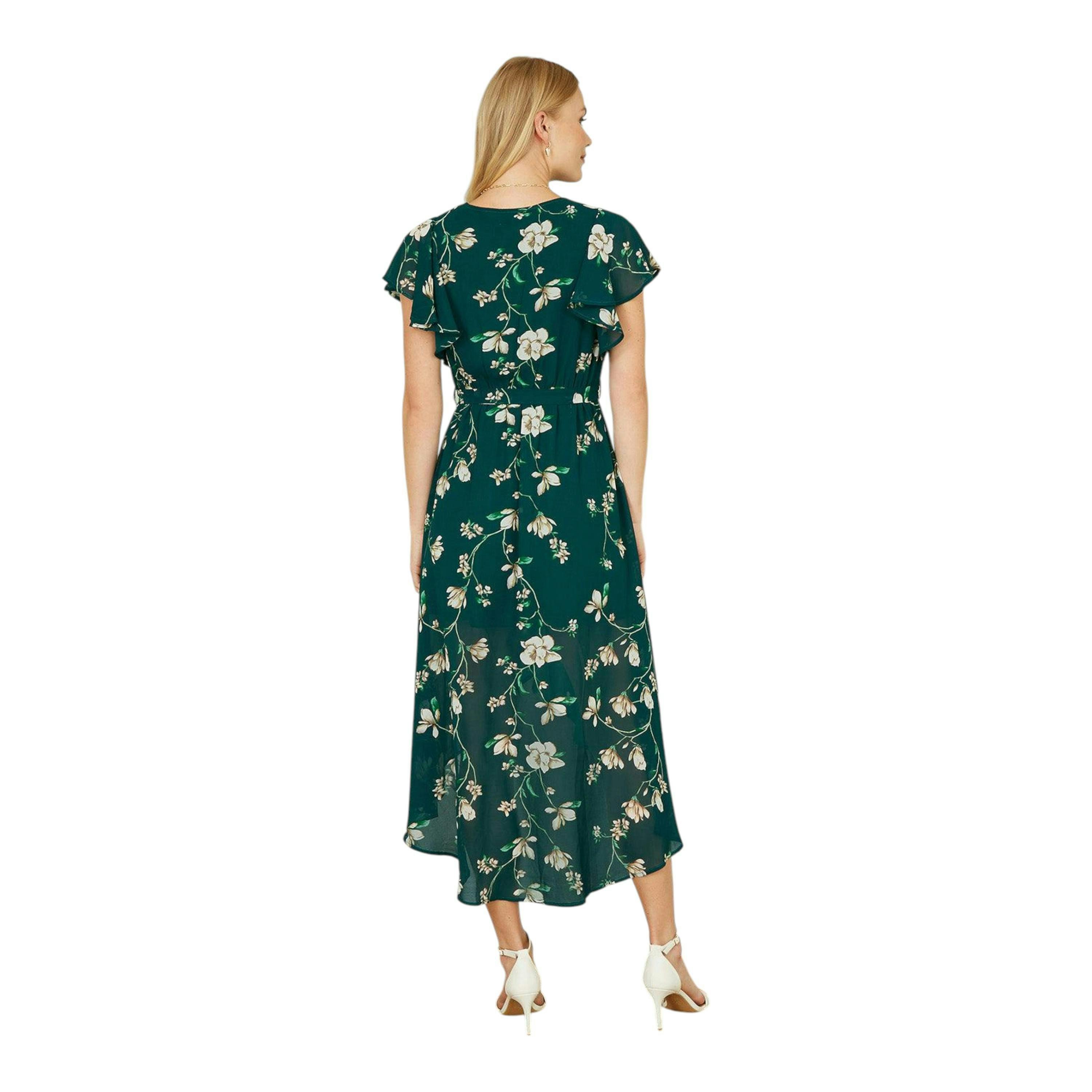 Yumi Green Floral Wrap Midi Dress With Frill Hem , view 5 of 5