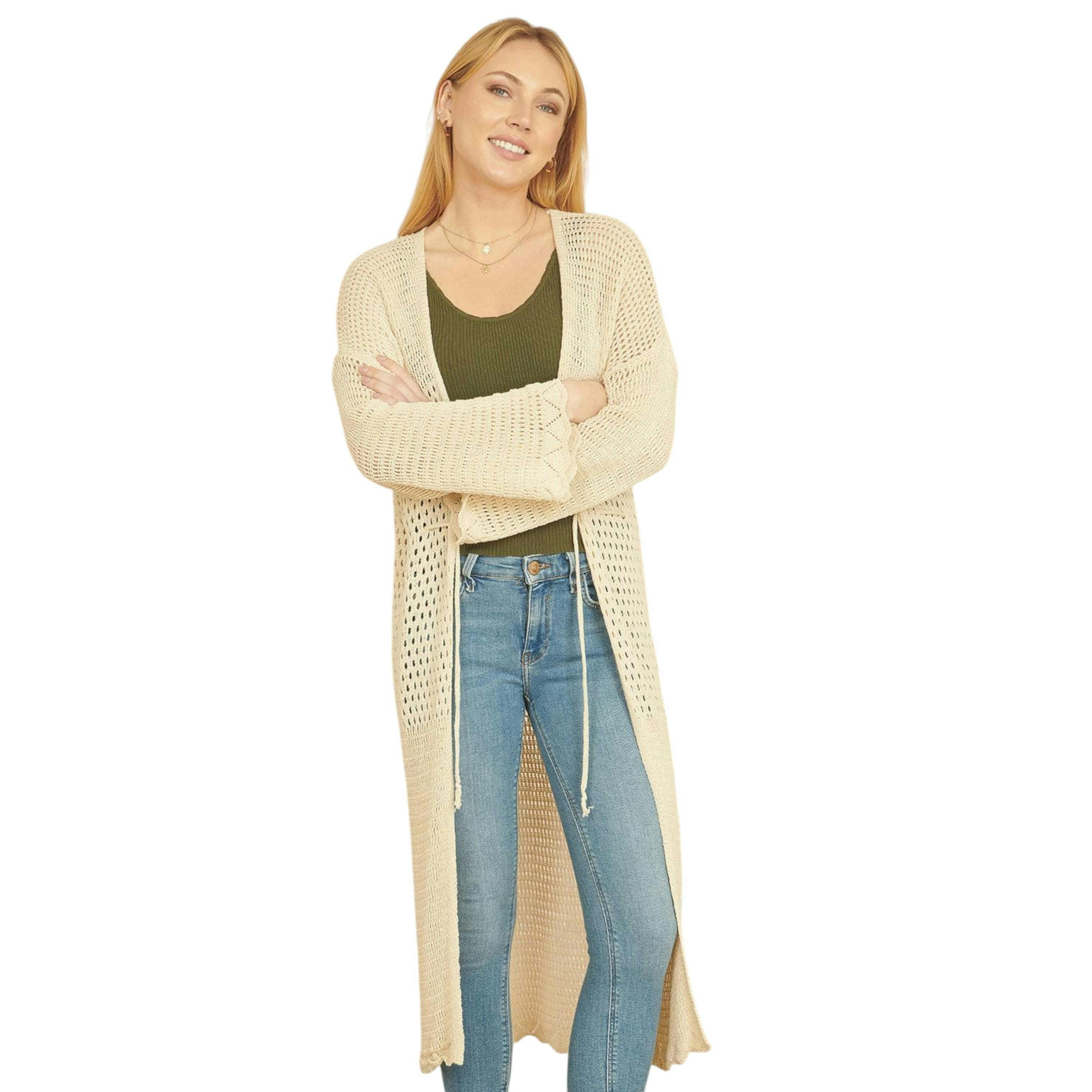 Yumi Cream Crochet Long Line Cardigan With Ties Front , view 1 of 2