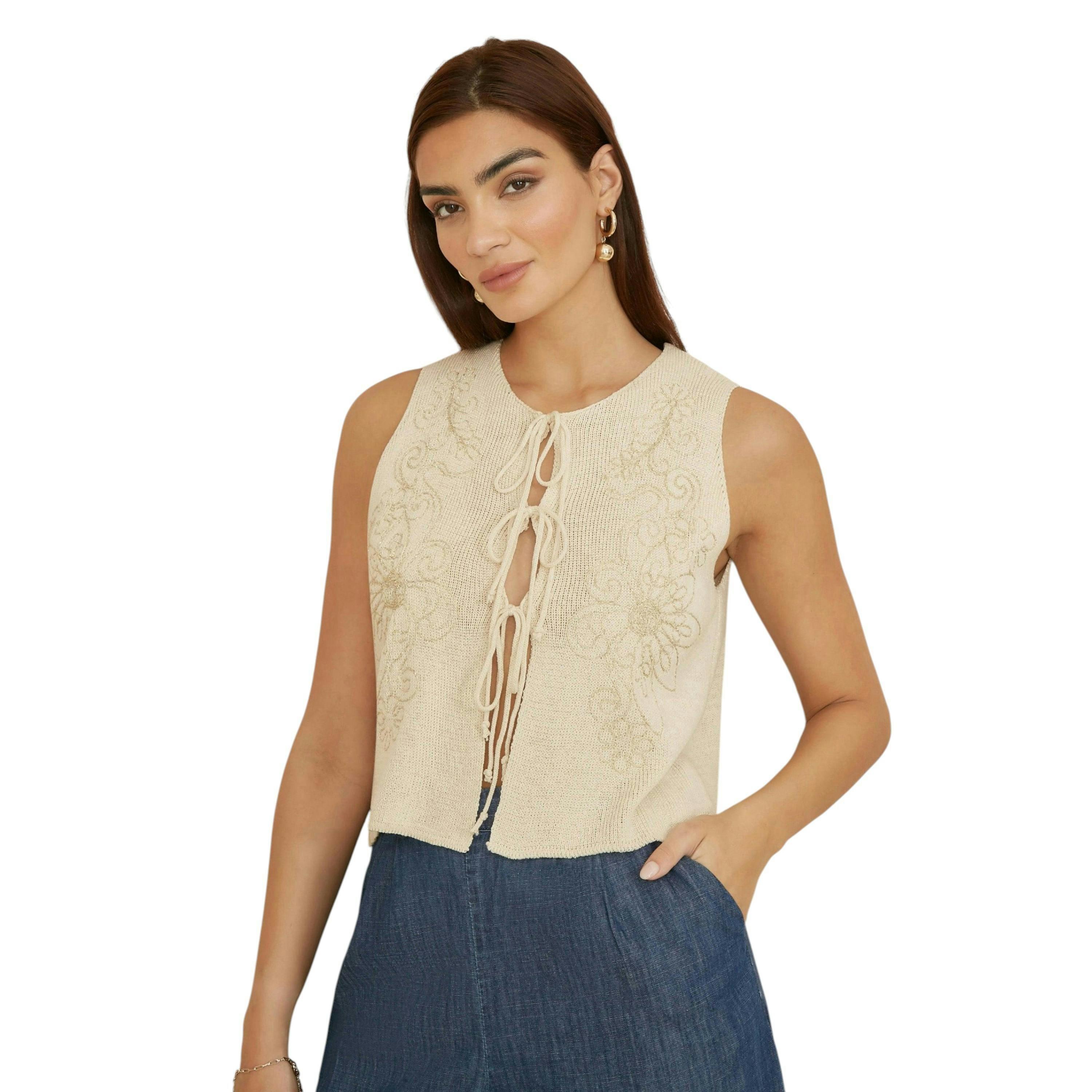 Yumi Beige Knitted Tie Front Waistcoat With Floral Details , view 1 of 3