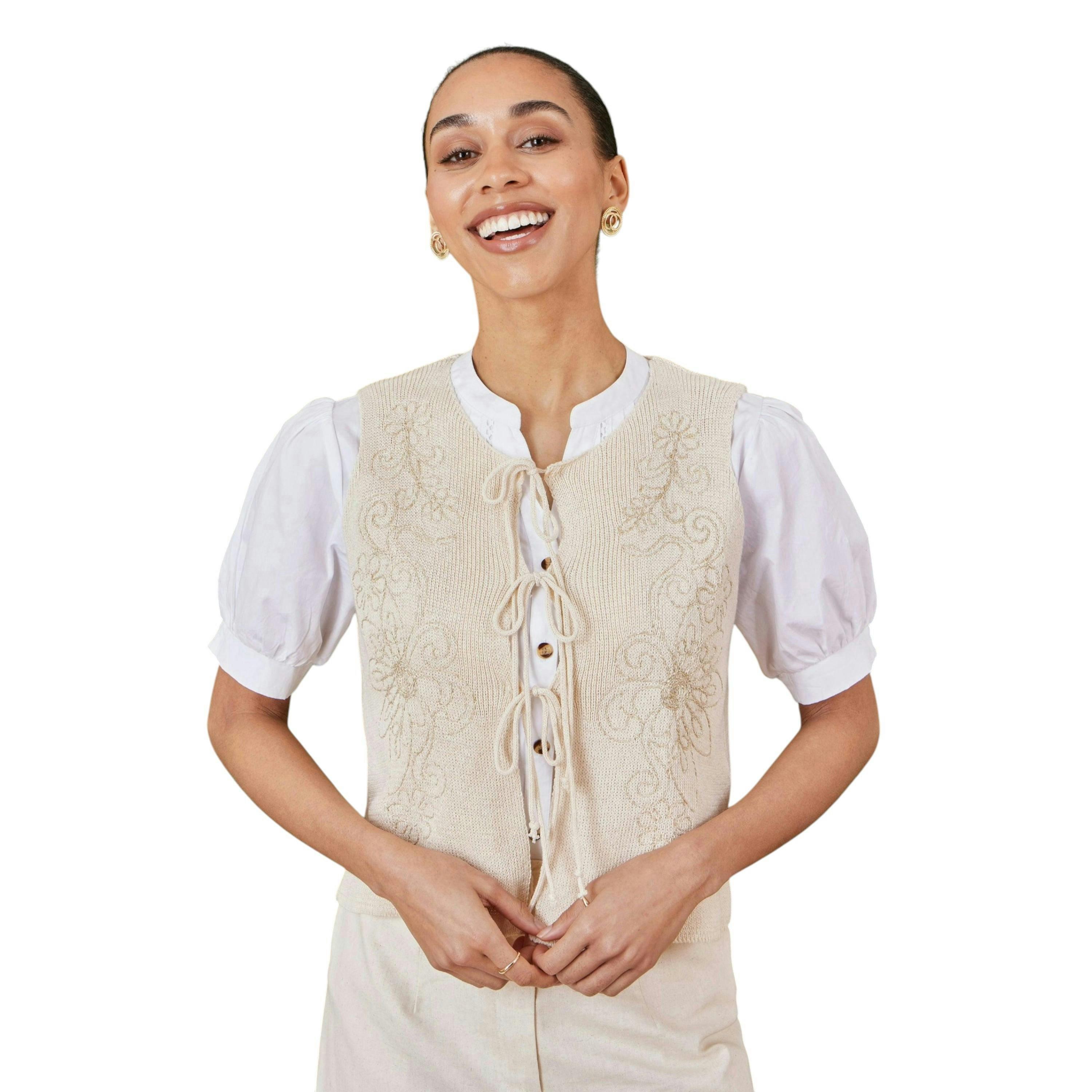 Yumi Beige Knitted Tie Front Waistcoat With Floral Details , view 2 of 3