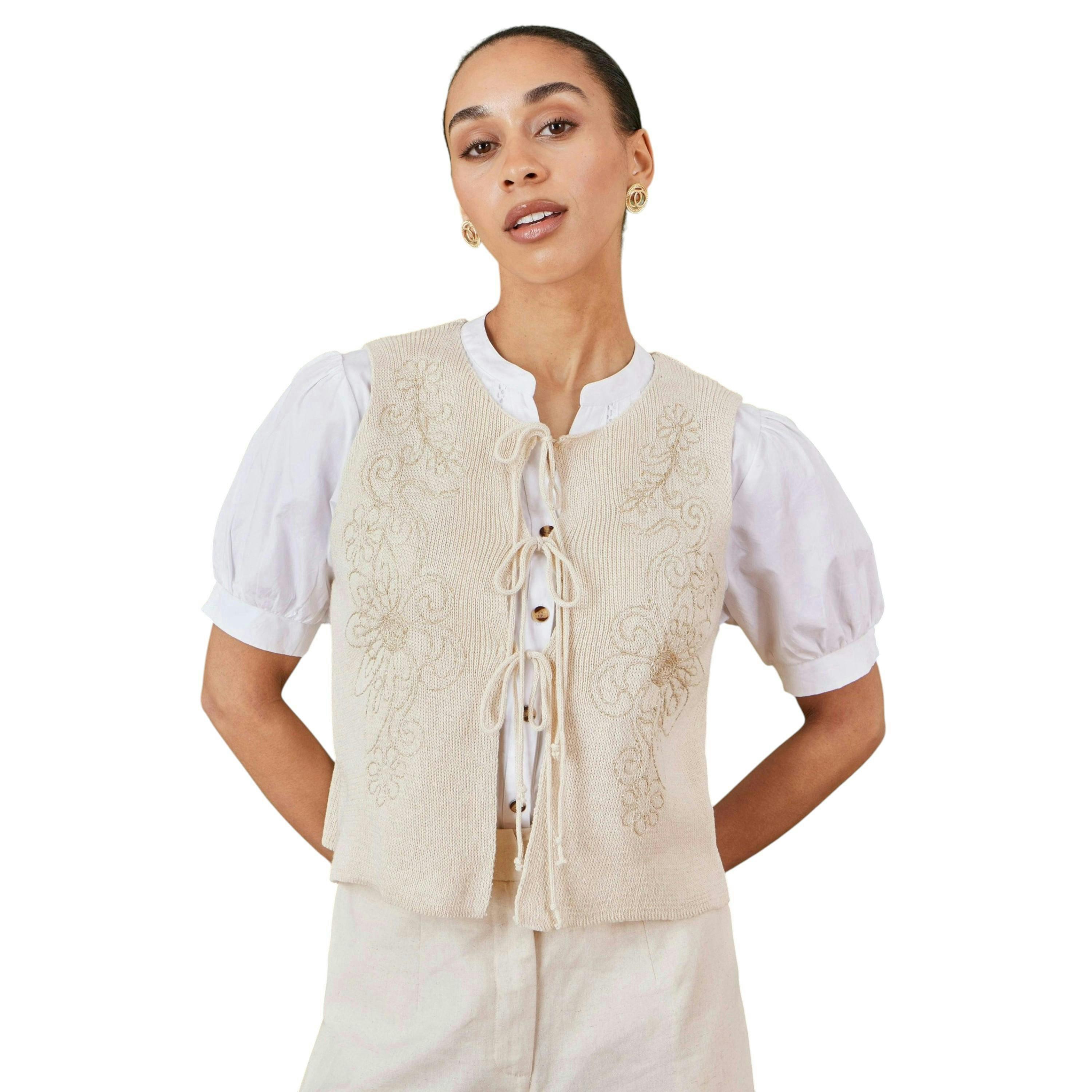 Yumi Beige Knitted Tie Front Waistcoat With Floral Details , view 3 of 3