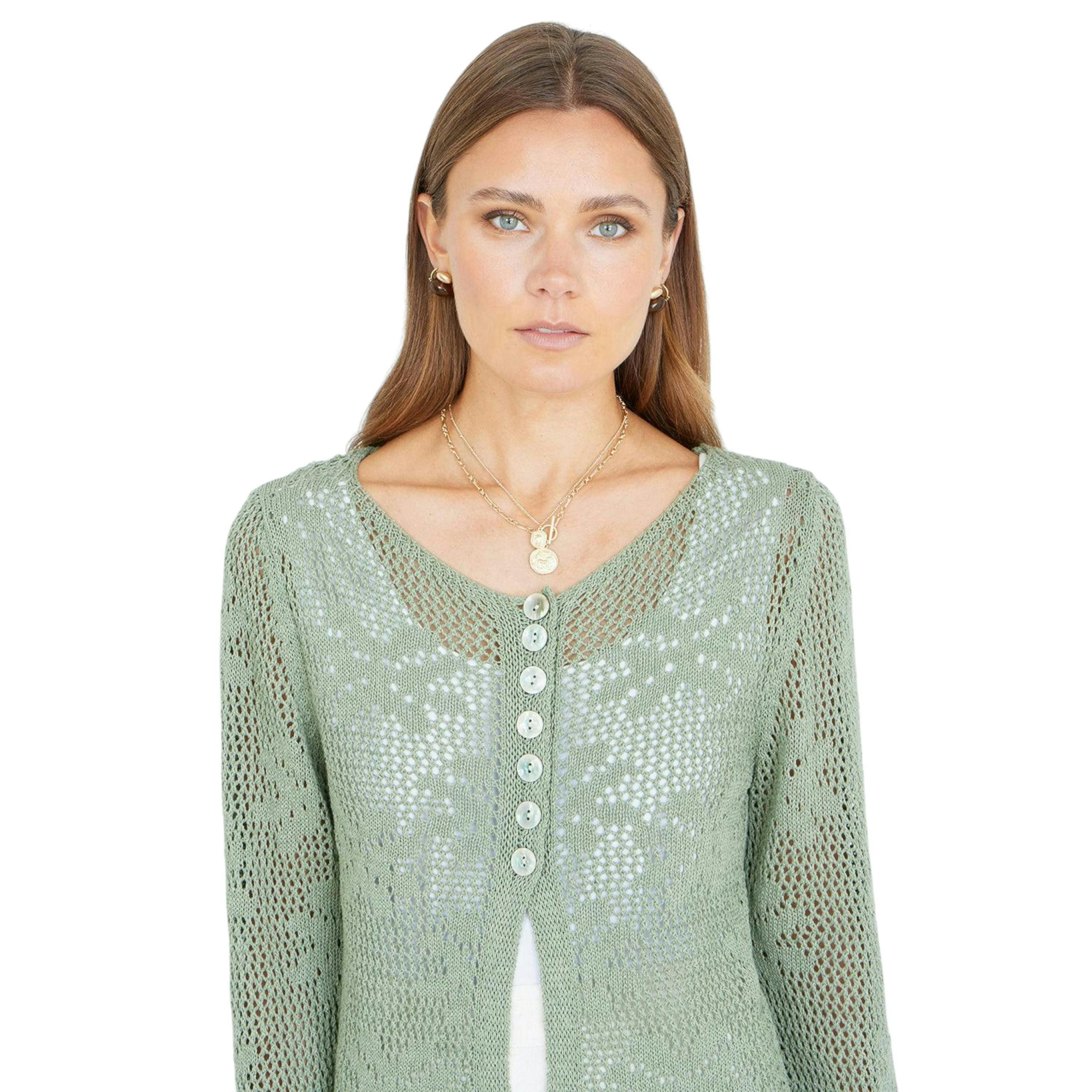 Yumi Green Flower Crochet Button Up Cardigan , view 1 of 4