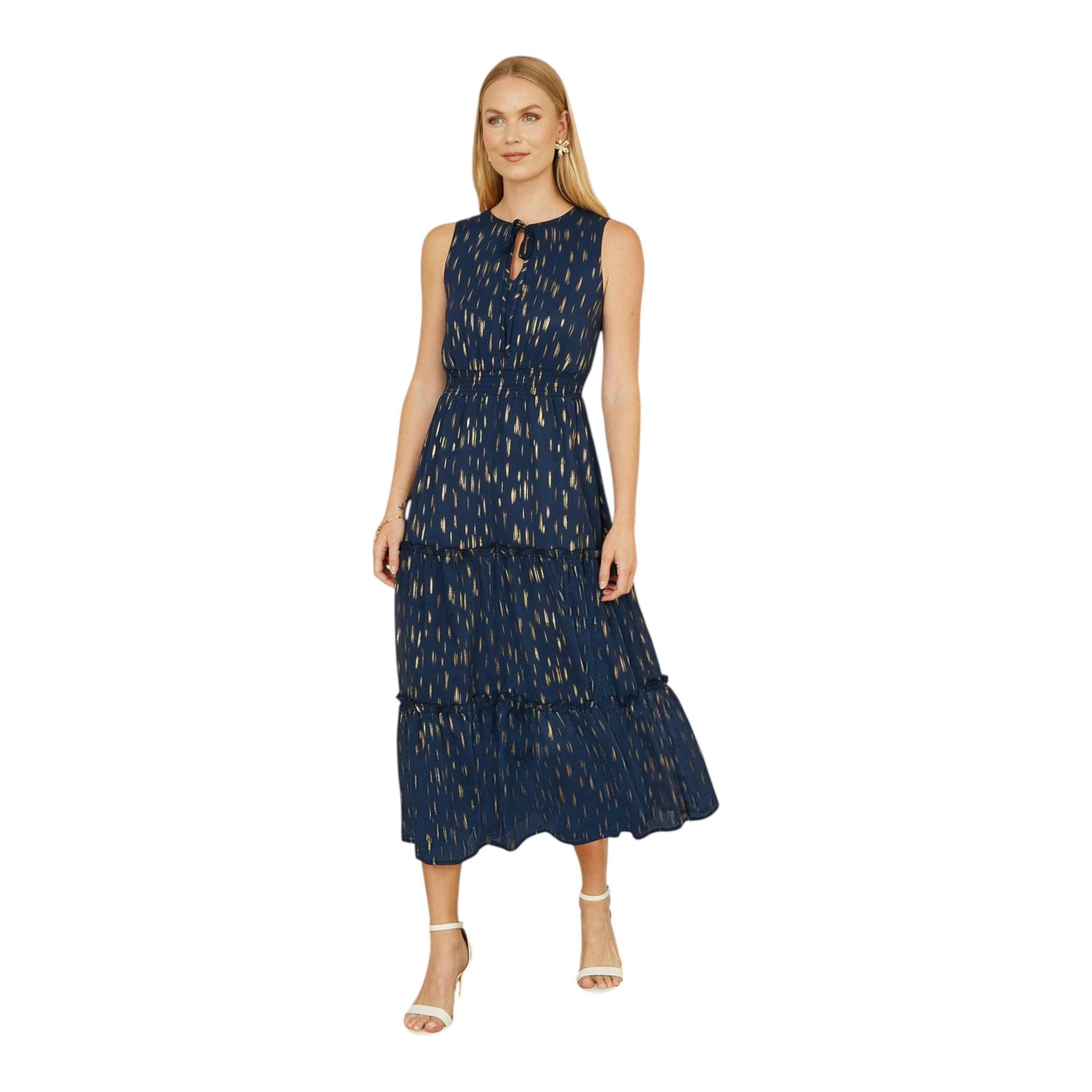 Yumi Navy Foil Print Ruched Waist Midi Dress With Tie Notch Neckline , view 1 of 4