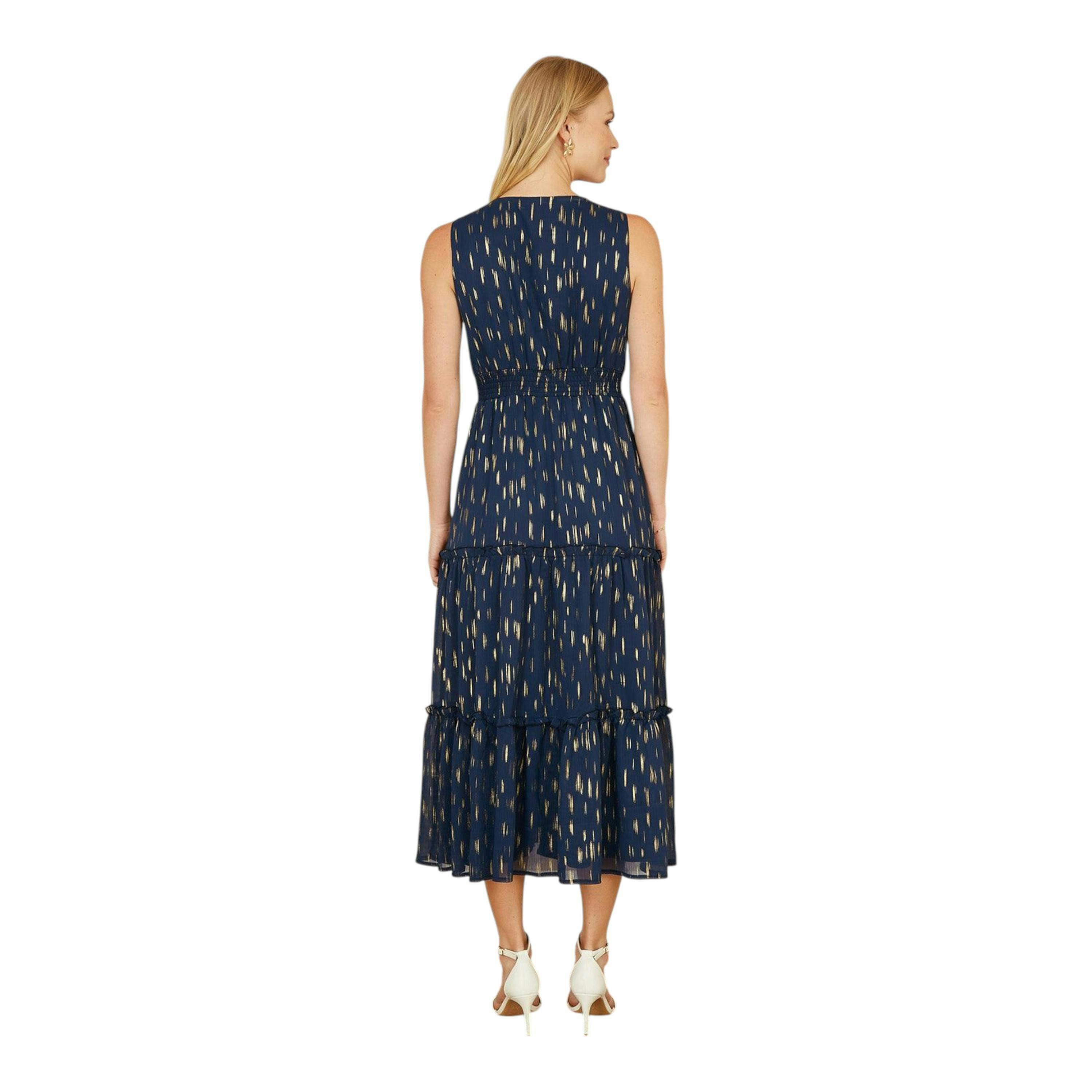 Yumi Navy Foil Print Ruched Waist Midi Dress With Tie Notch Neckline , view 3 of 4