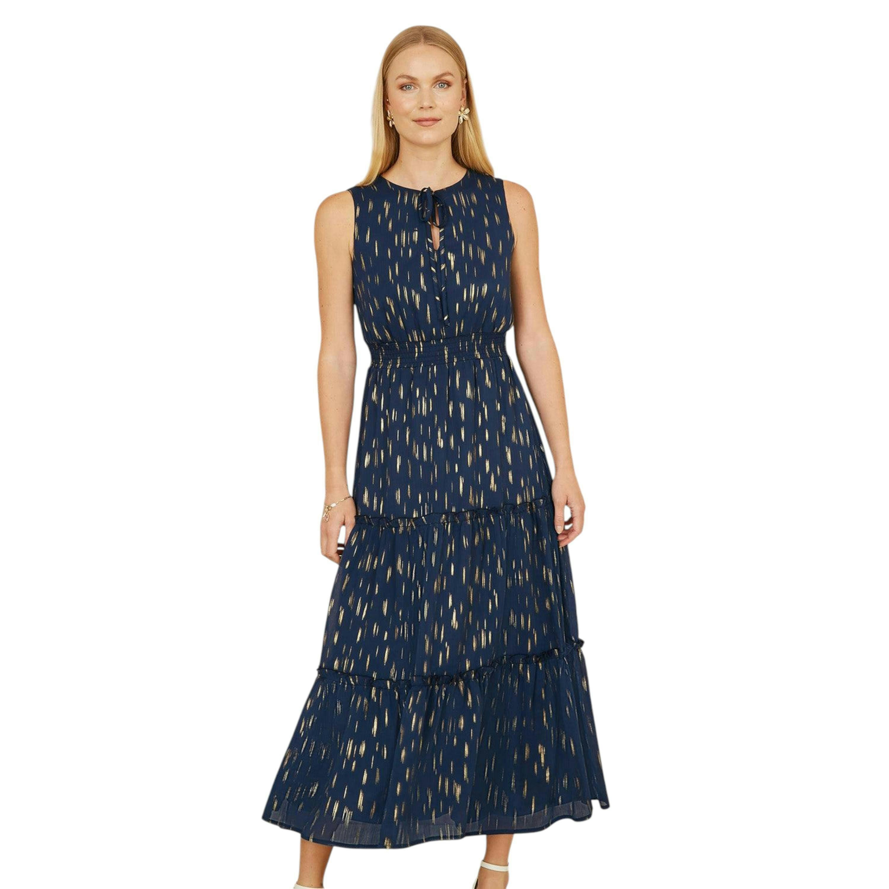 Yumi Navy Foil Print Ruched Waist Midi Dress With Tie Notch Neckline , view 4 of 4