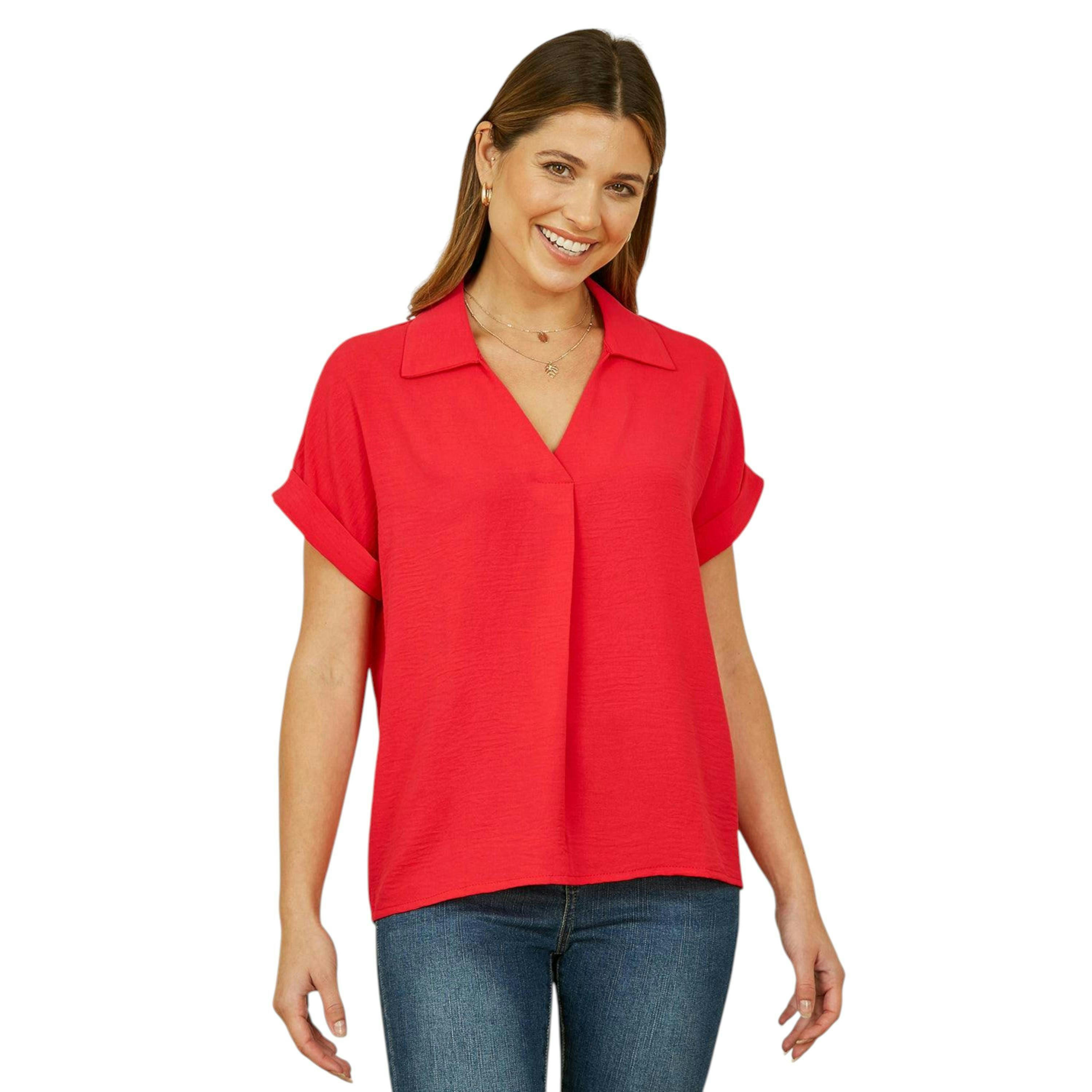 Yumi Red Stretch Relaxed Top With Collar , view 1 of 4