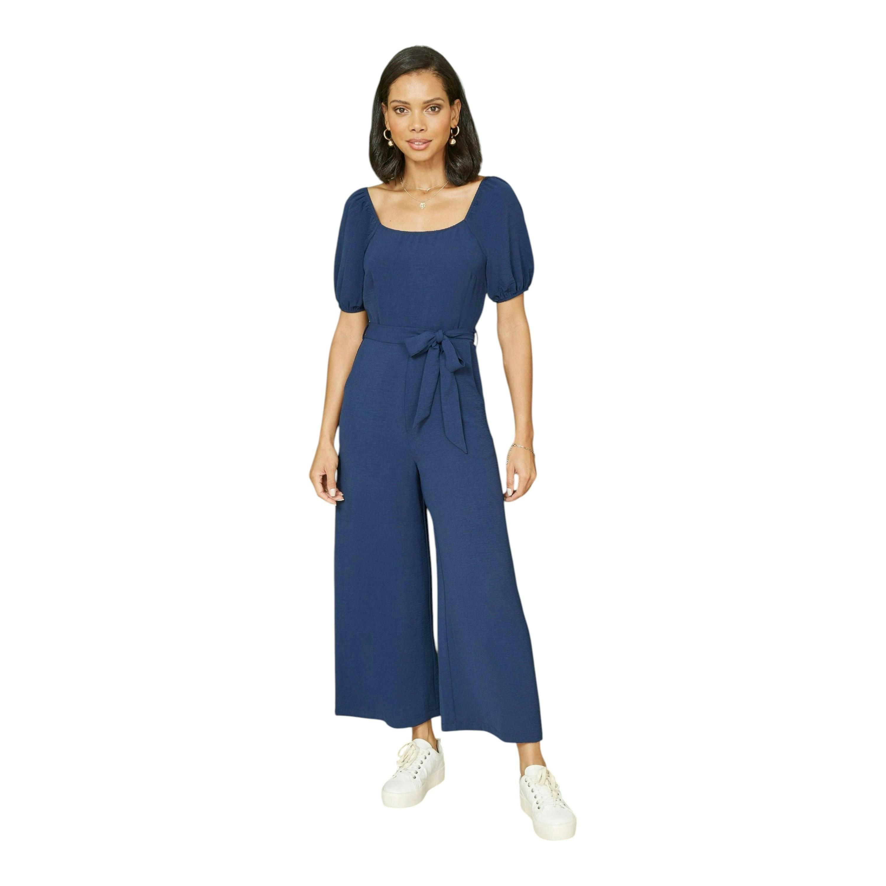 Yumi Navy Square Neck Puff Sleeve Culotte Jumpsuit , view 1 of 4