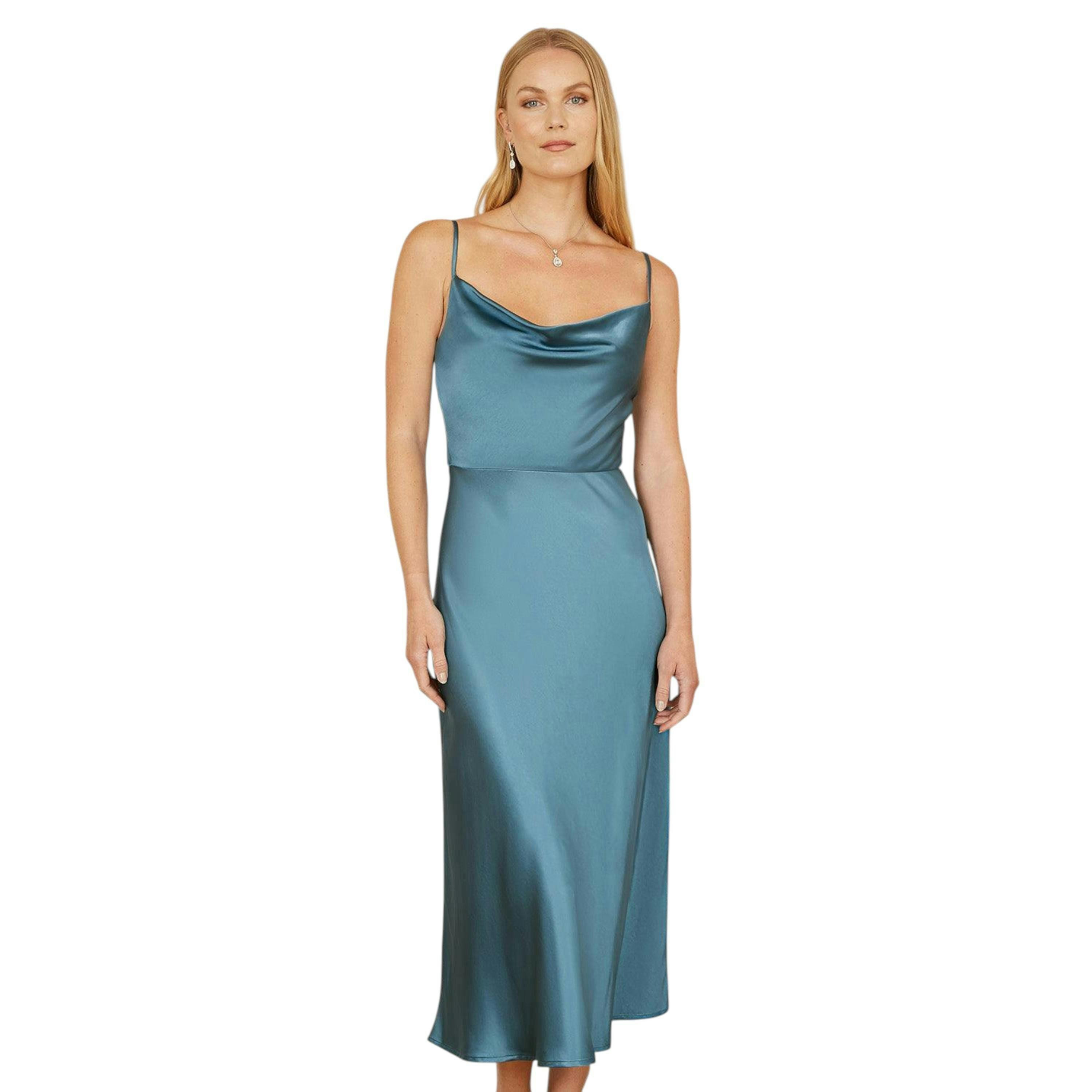 Yumi Blue Satin Cowl Neck Midi Slip Dress , view 1 of 4