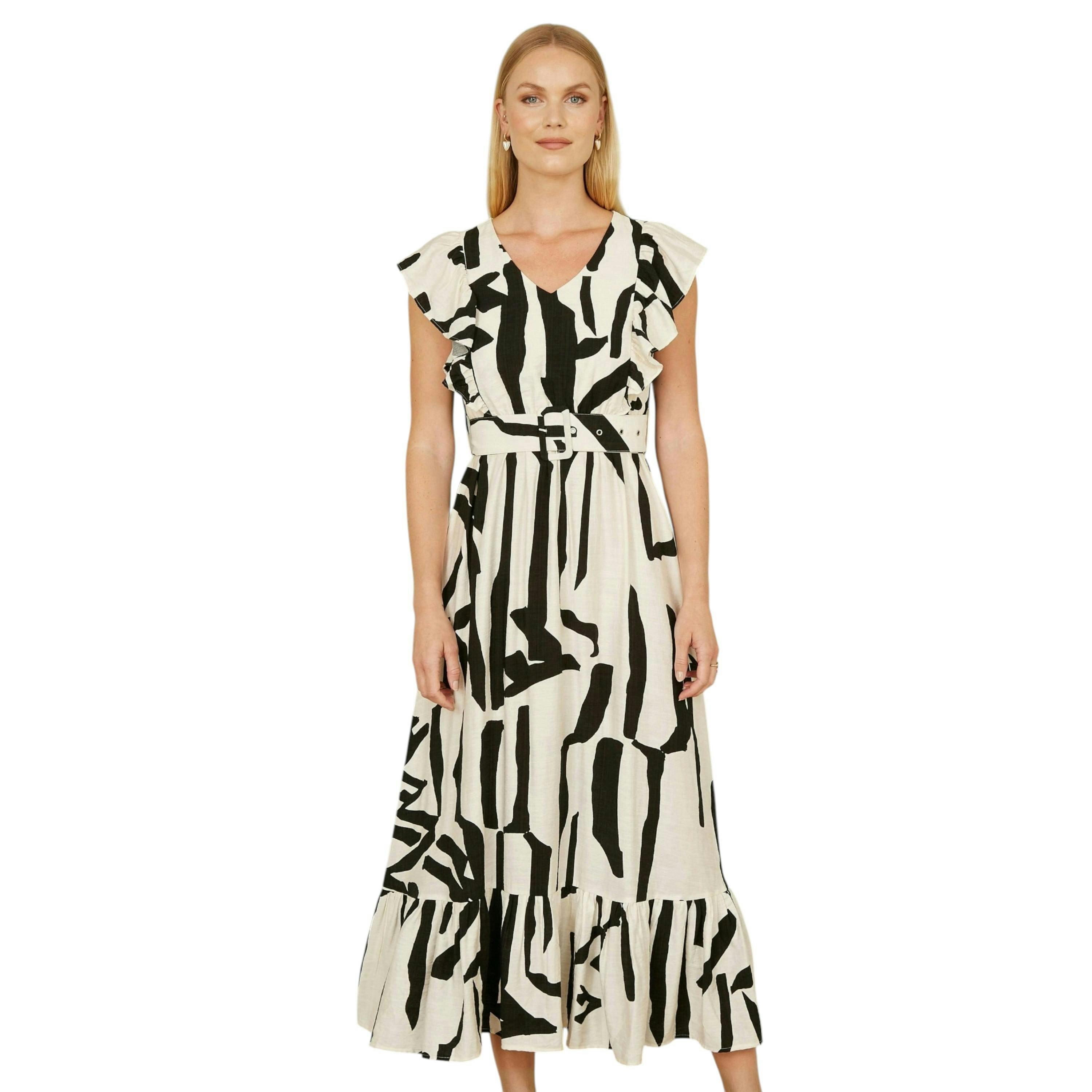 Yumi Ivory Abstract Print Viscose Midi Dress With Matching Belt , view 1 of 4