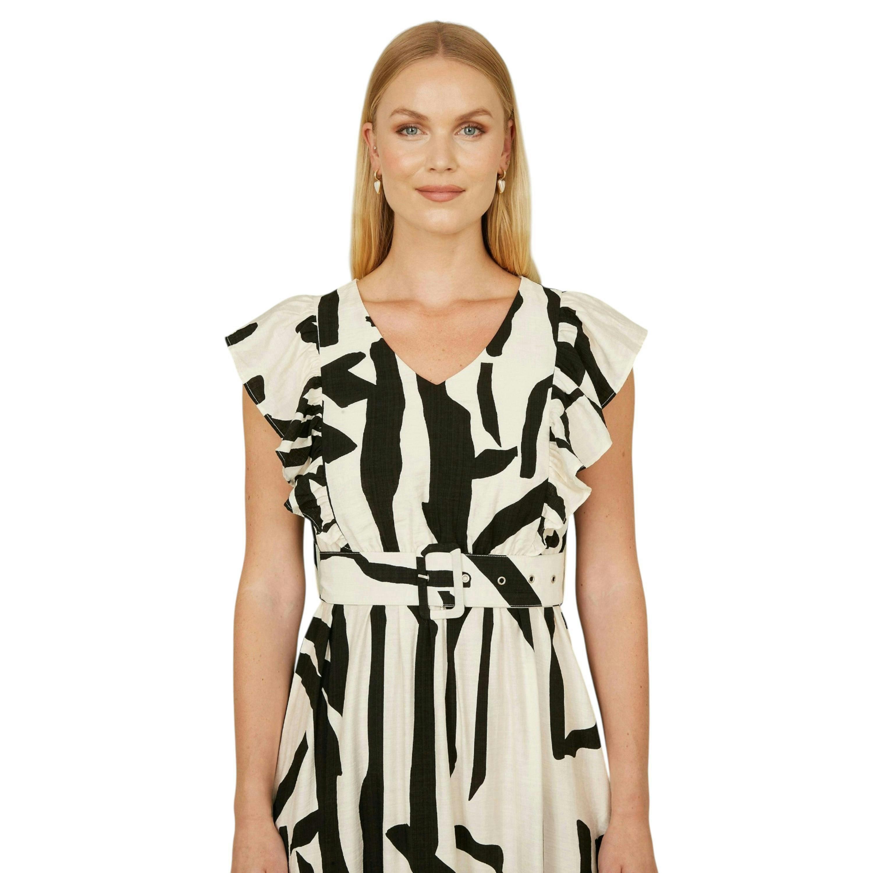 Yumi Ivory Abstract Print Viscose Midi Dress With Matching Belt , view 2 of 4
