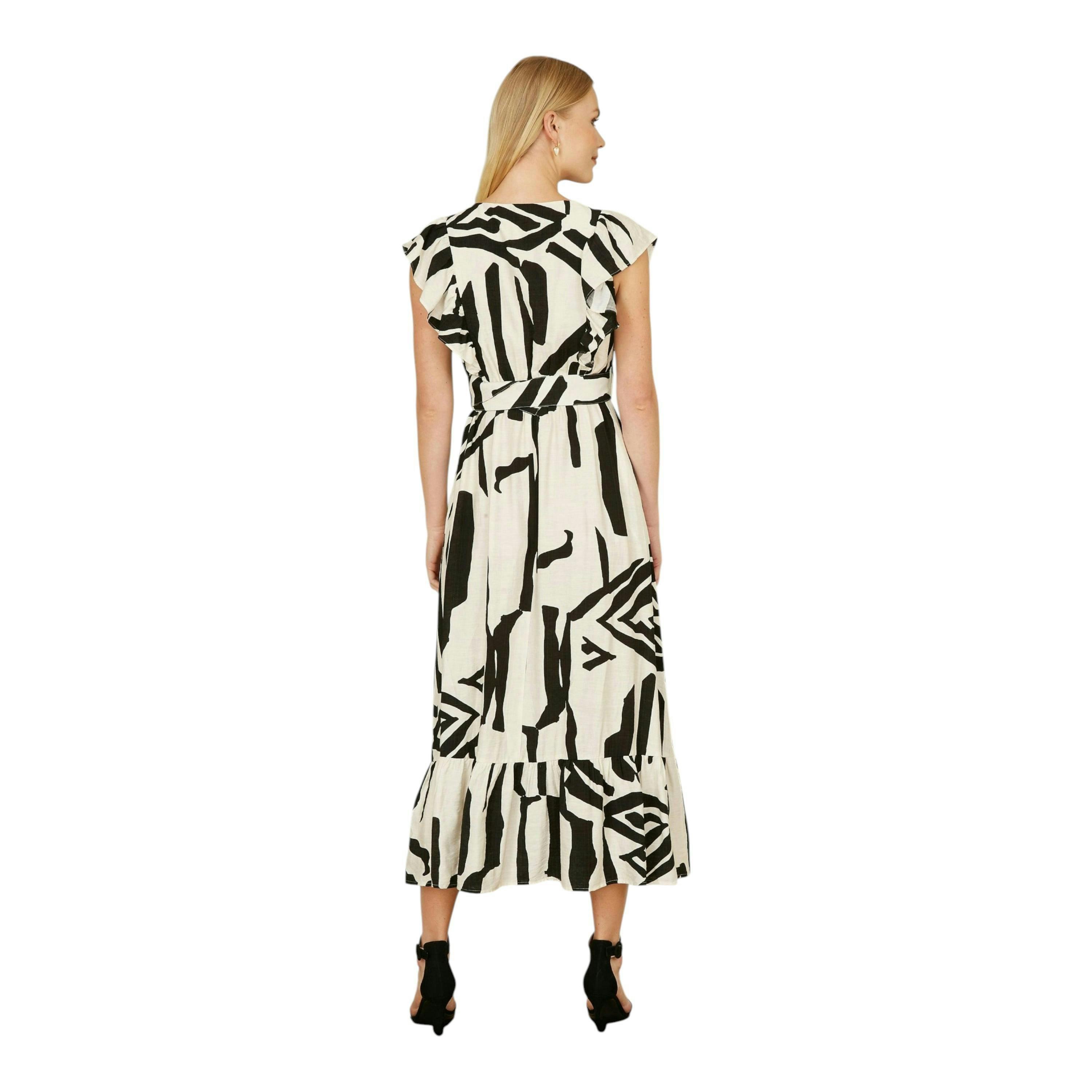 Yumi Ivory Abstract Print Viscose Midi Dress With Matching Belt , view 3 of 4