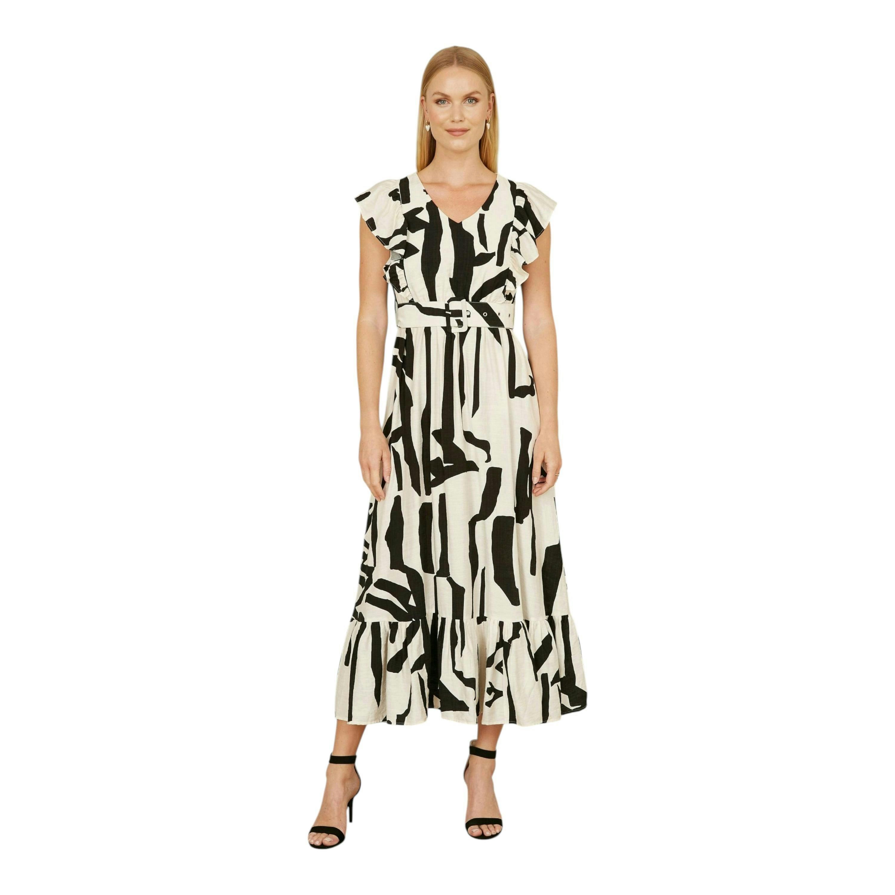 Yumi Ivory Abstract Print Viscose Midi Dress With Matching Belt , view 4 of 4