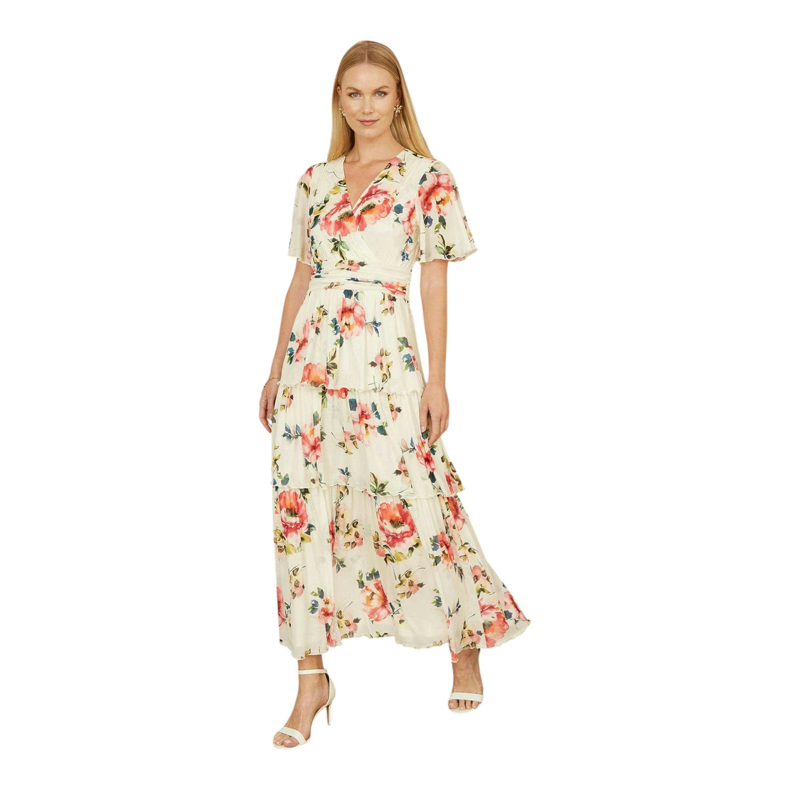 Yumi Ivory Floral Mesh Tiered Maxi Dress , view 1 of 6