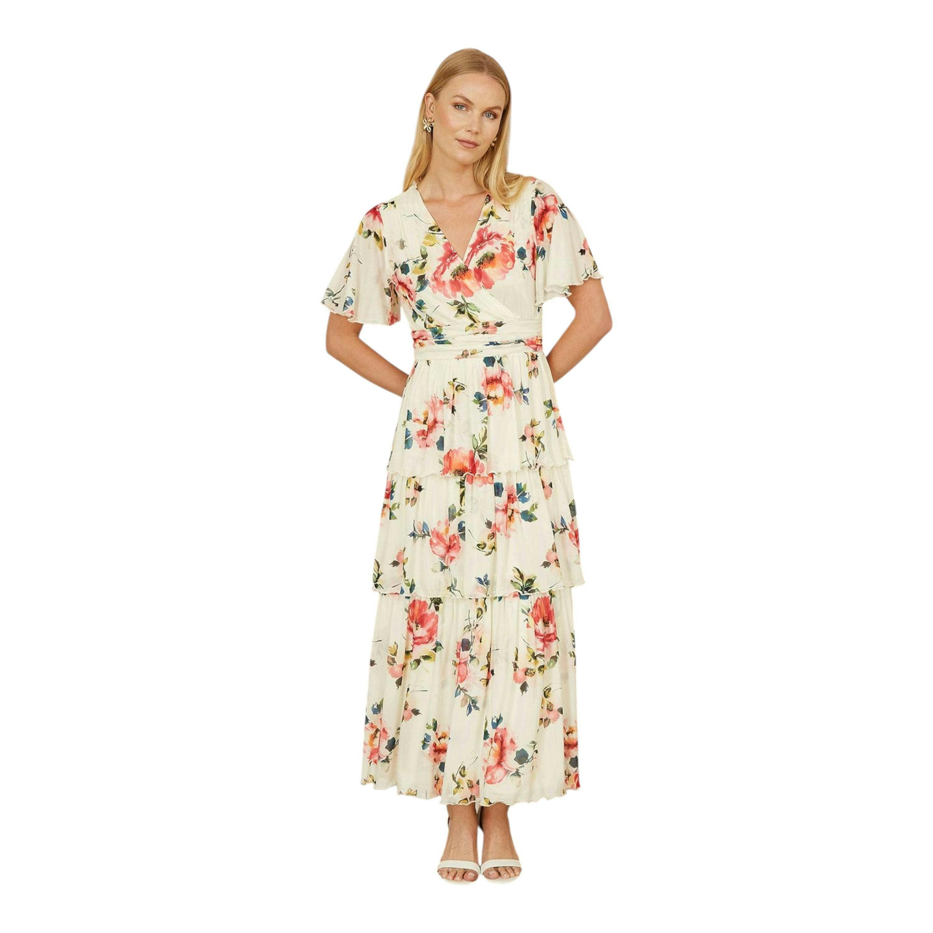 Yumi Ivory Floral Mesh Tiered Maxi Dress , view 3 of 6