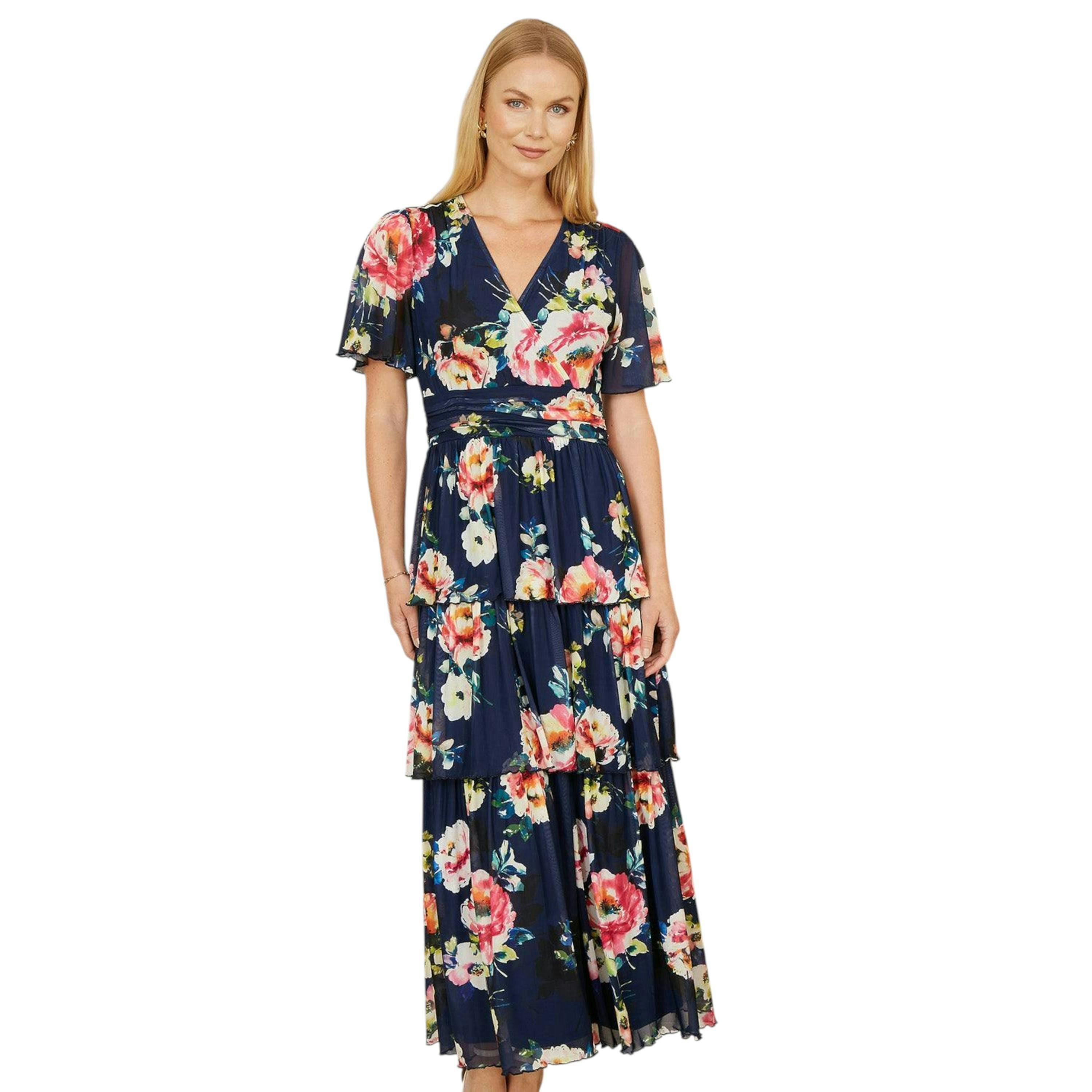 Yumi Navy Floral Mesh Tiered Maxi Dress , view 1 of 4