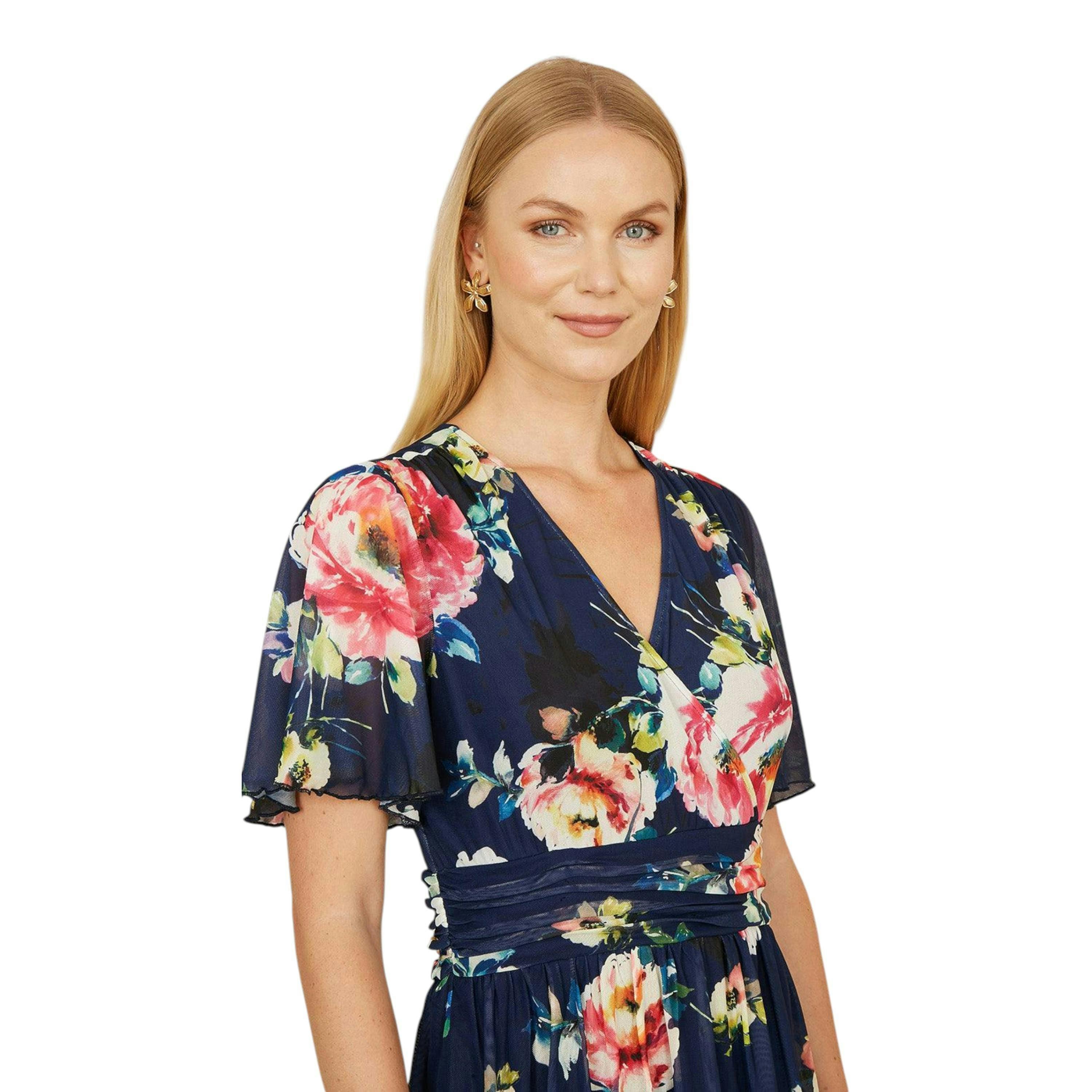 Yumi Navy Floral Mesh Tiered Maxi Dress , view 2 of 4