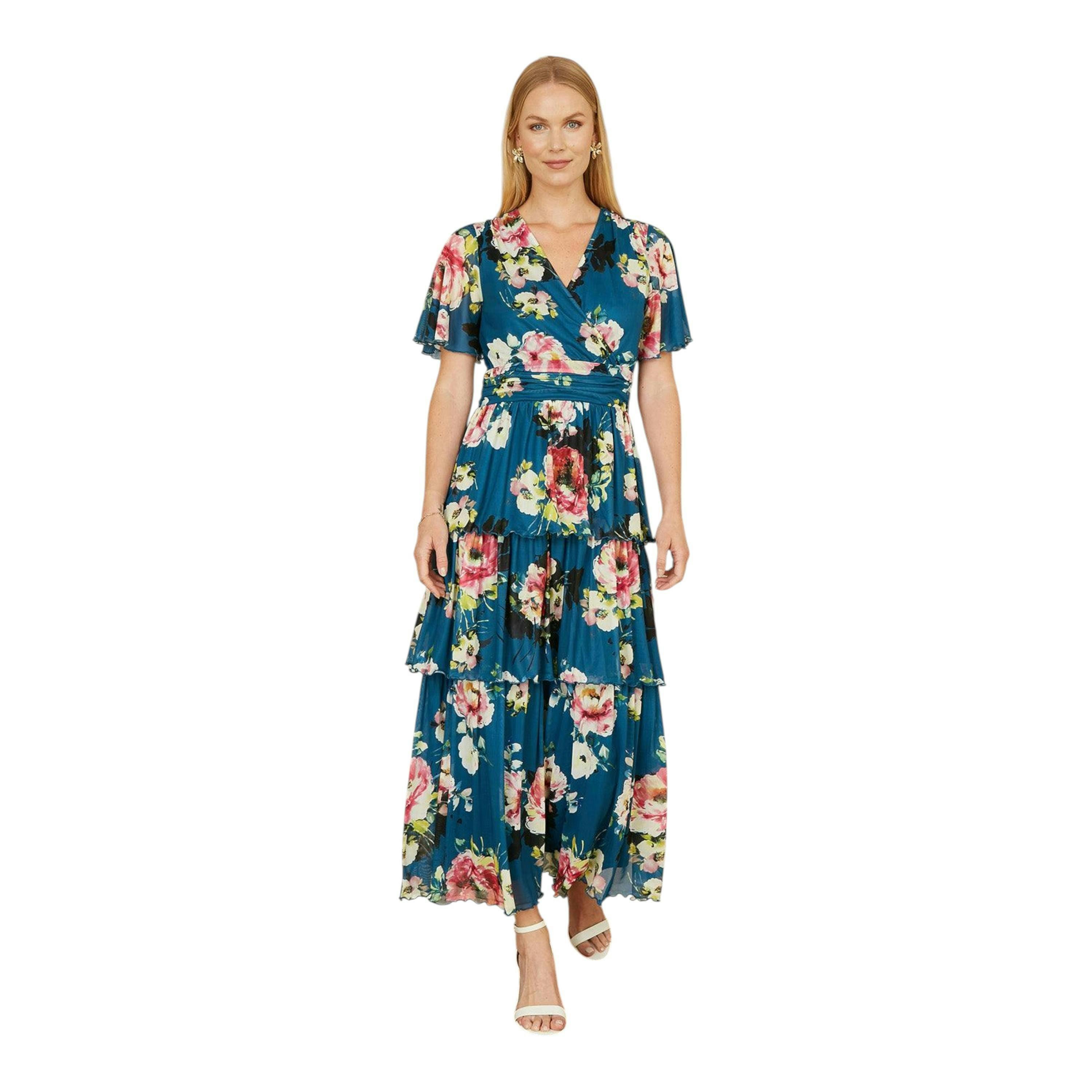 Yumi Green Floral Mesh Tiered Maxi Dress , view 1 of 6