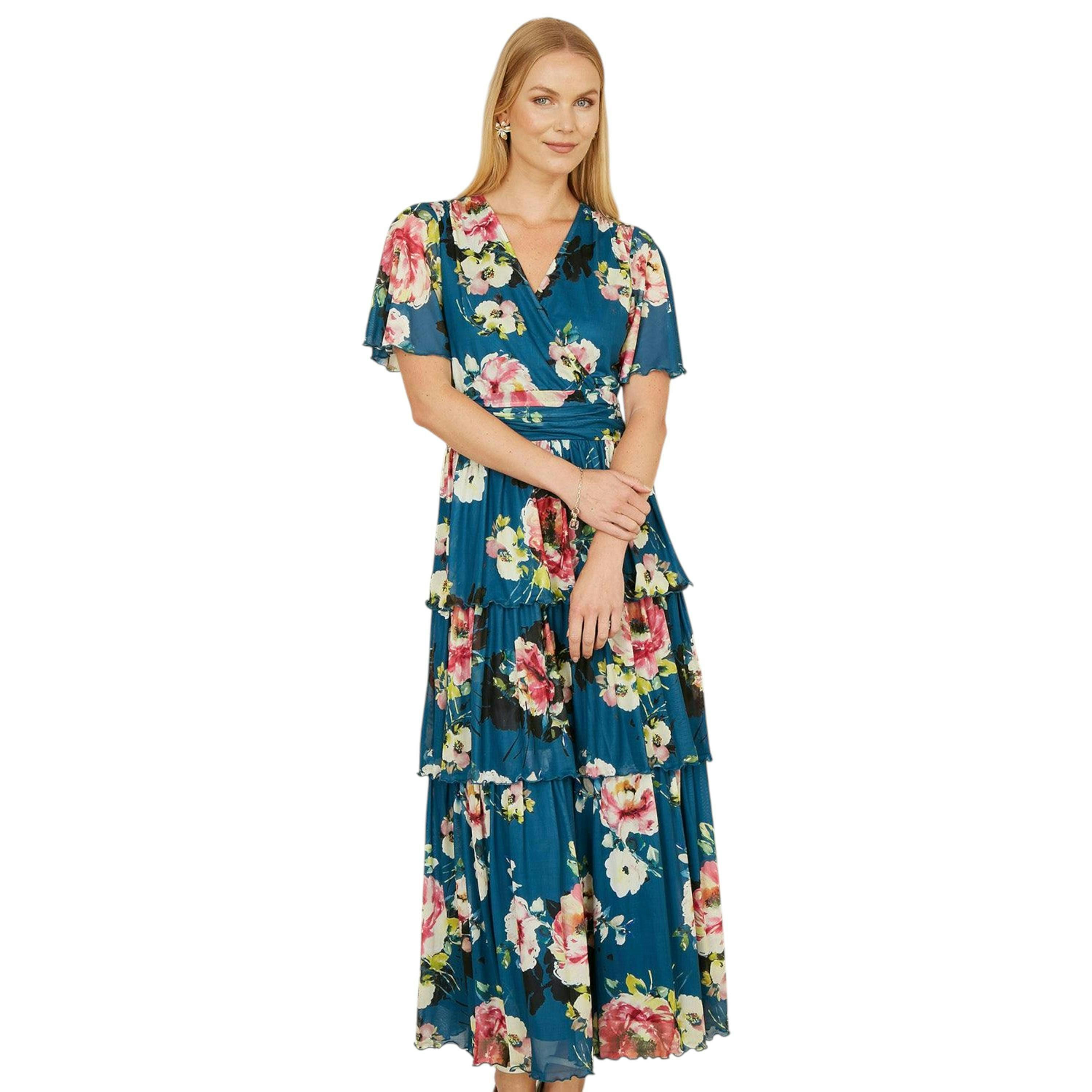 Yumi Green Floral Mesh Tiered Maxi Dress , view 3 of 6