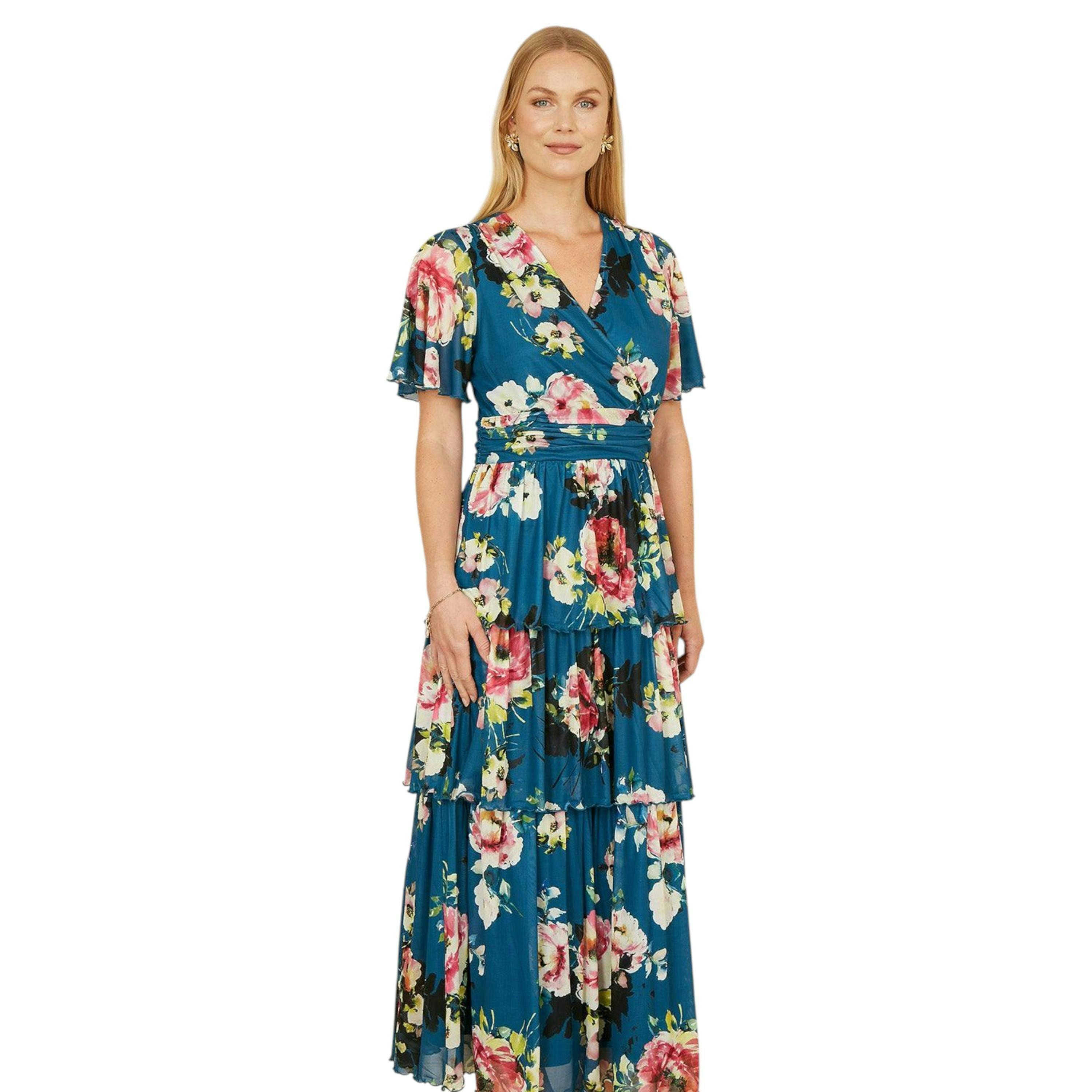 Yumi Green Floral Mesh Tiered Maxi Dress , view 5 of 6