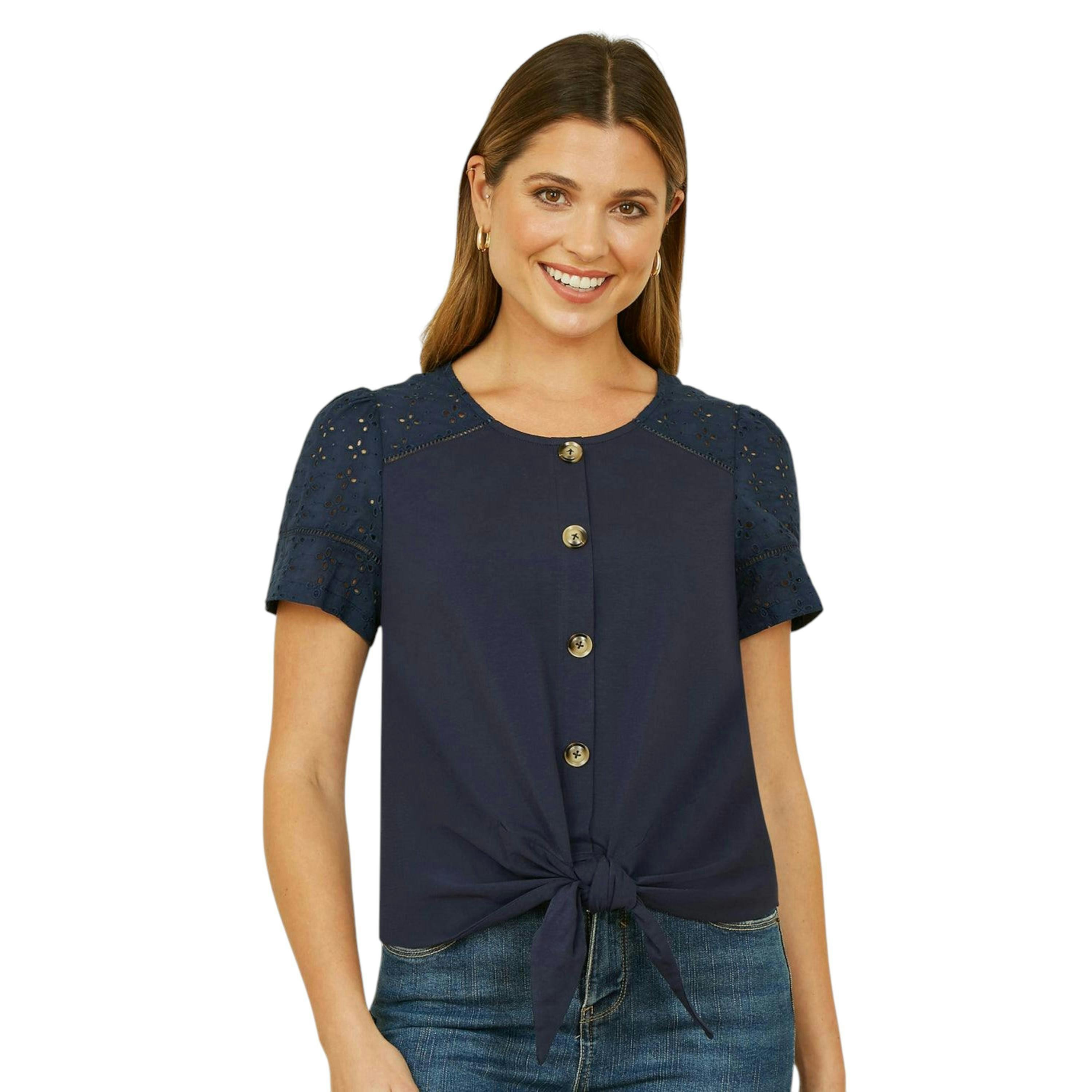 Yumi Navy Jersey Button Detail T-Shirt With Broderie Anglaise Sleeves And Tie Front , view 1 of 3