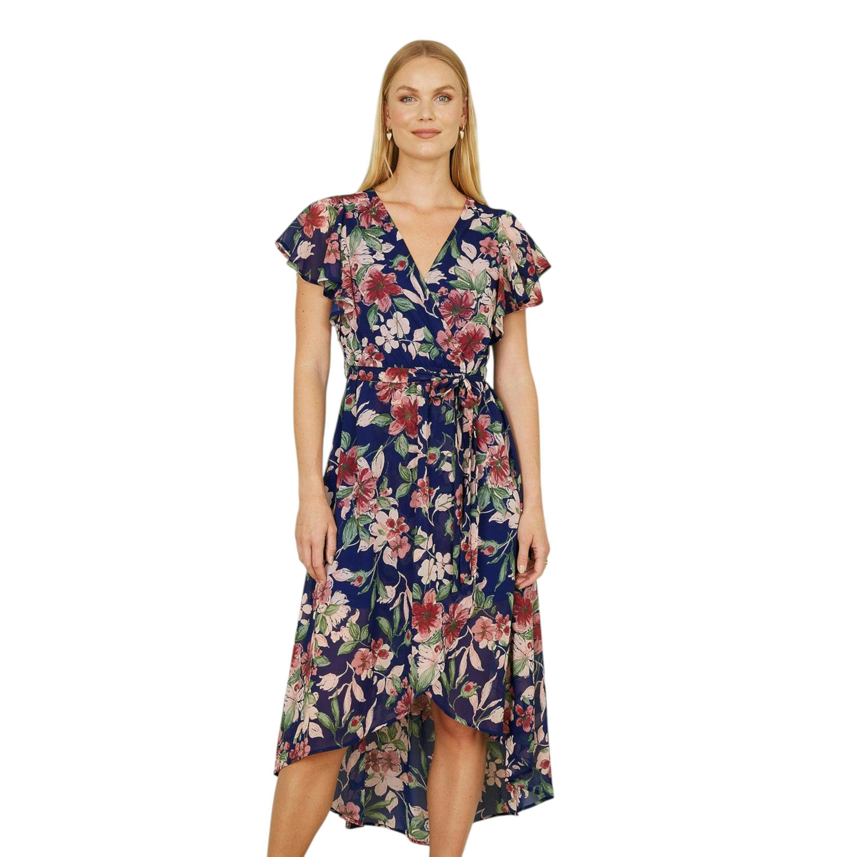 Yumi Blue Floral Wrap Midi Dress With Frill Hem , view 1 of 4