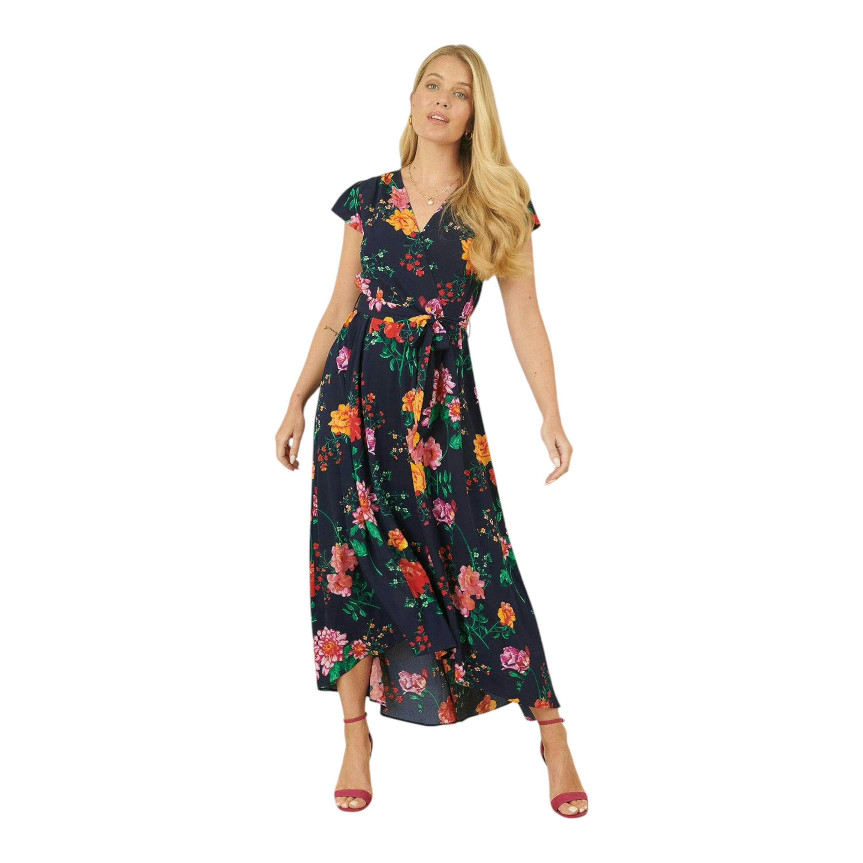 Yumi Navy Flower Print Wrap Midi Dress , view 1 of 5