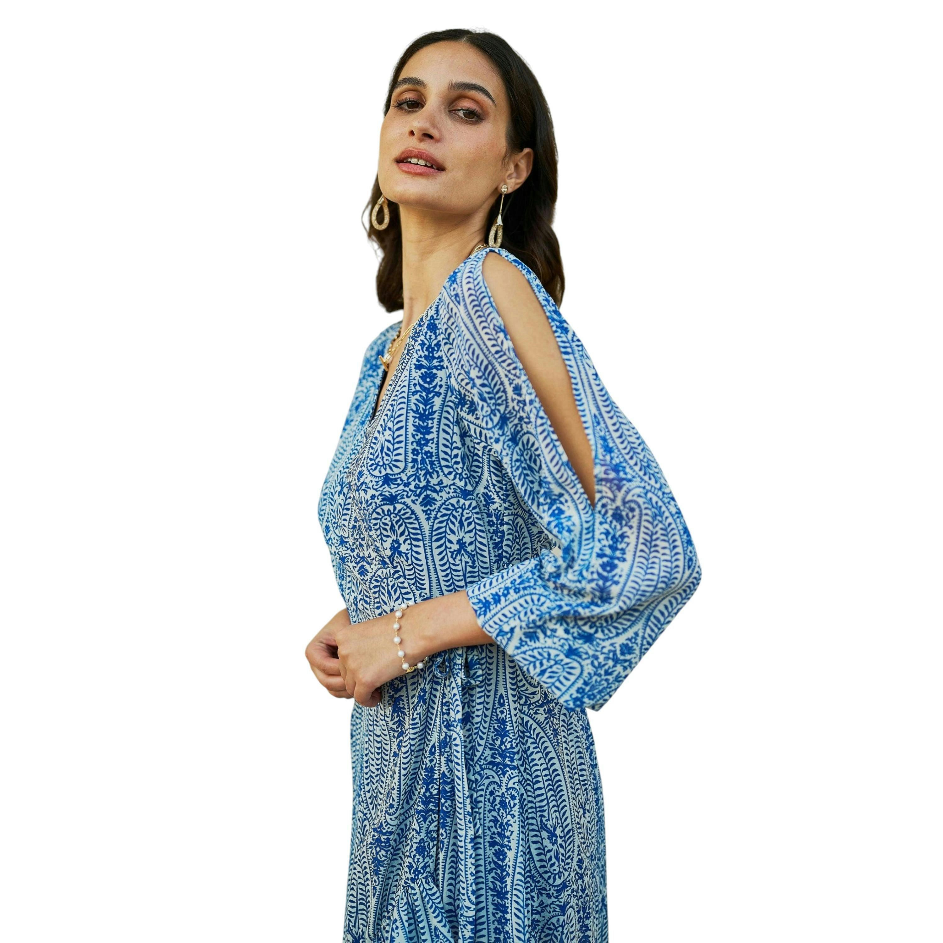 Yumi Blue Paisley Dipped Hemline Midi Dress With Open Long Sleeves , view 1 of 4