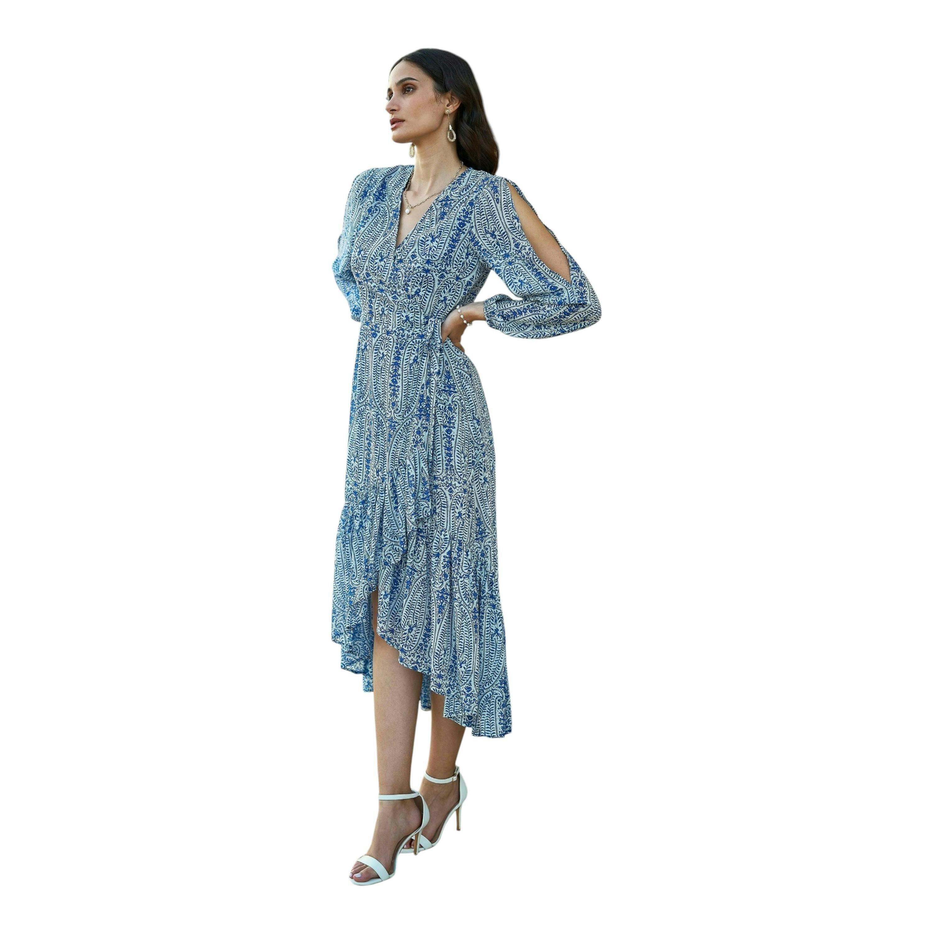 Yumi Blue Paisley Dipped Hemline Midi Dress With Open Long Sleeves , view 2 of 4