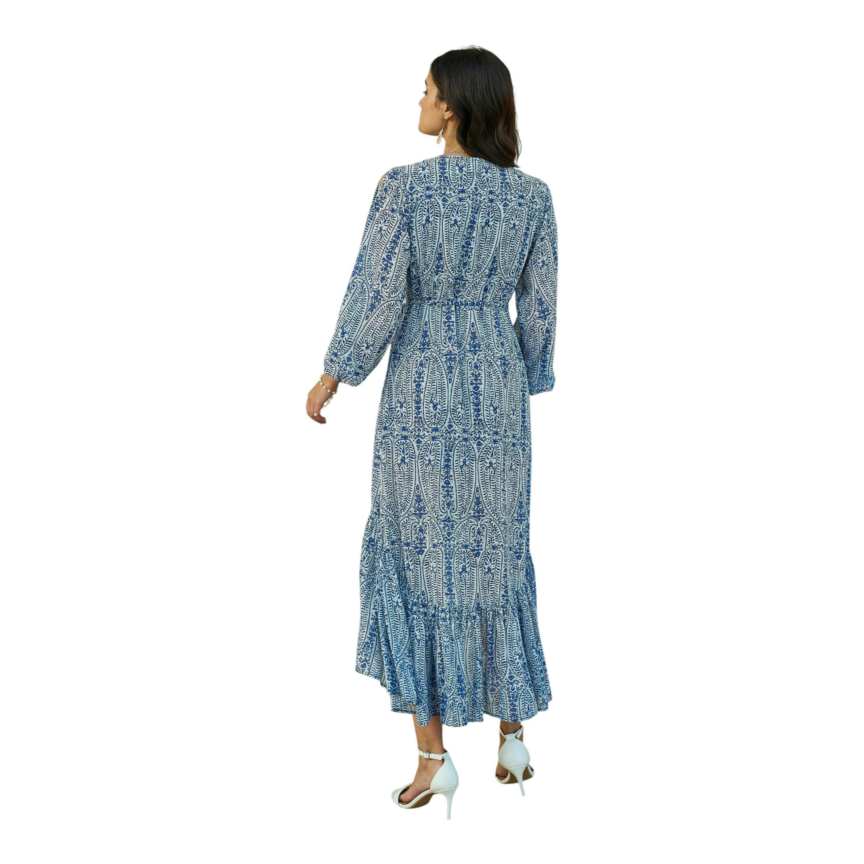 Yumi Blue Paisley Dipped Hemline Midi Dress With Open Long Sleeves , view 3 of 4